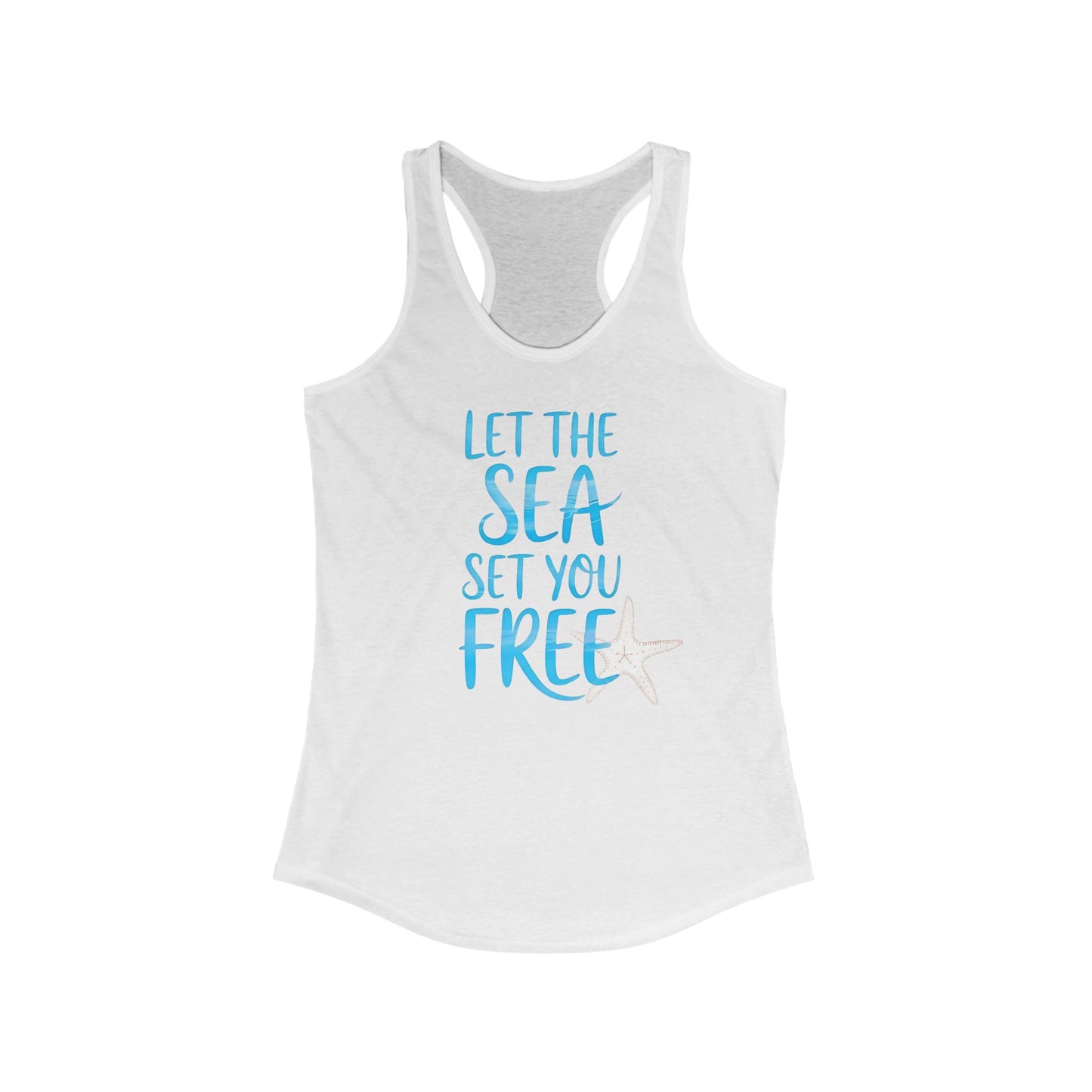 Camiseta de tirantes con espalda nadadora "Deja que el mar te libere" - Gráfico playero de estrellas de mar y conchas | Camiseta de tirantes costera para mujer