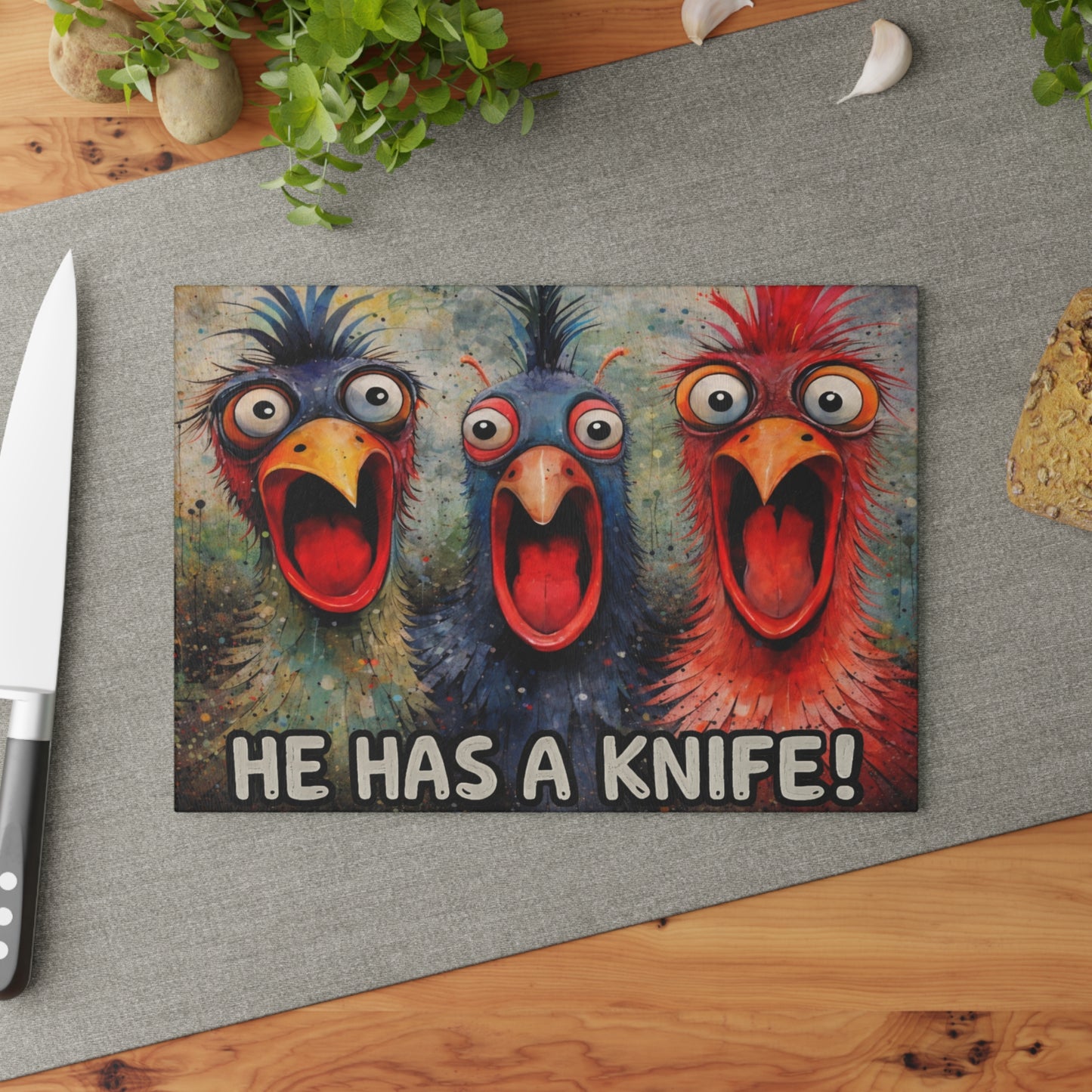 He Has a Knife! Glass Cutting Board – Funny Chicken Farm Kitchen Decor