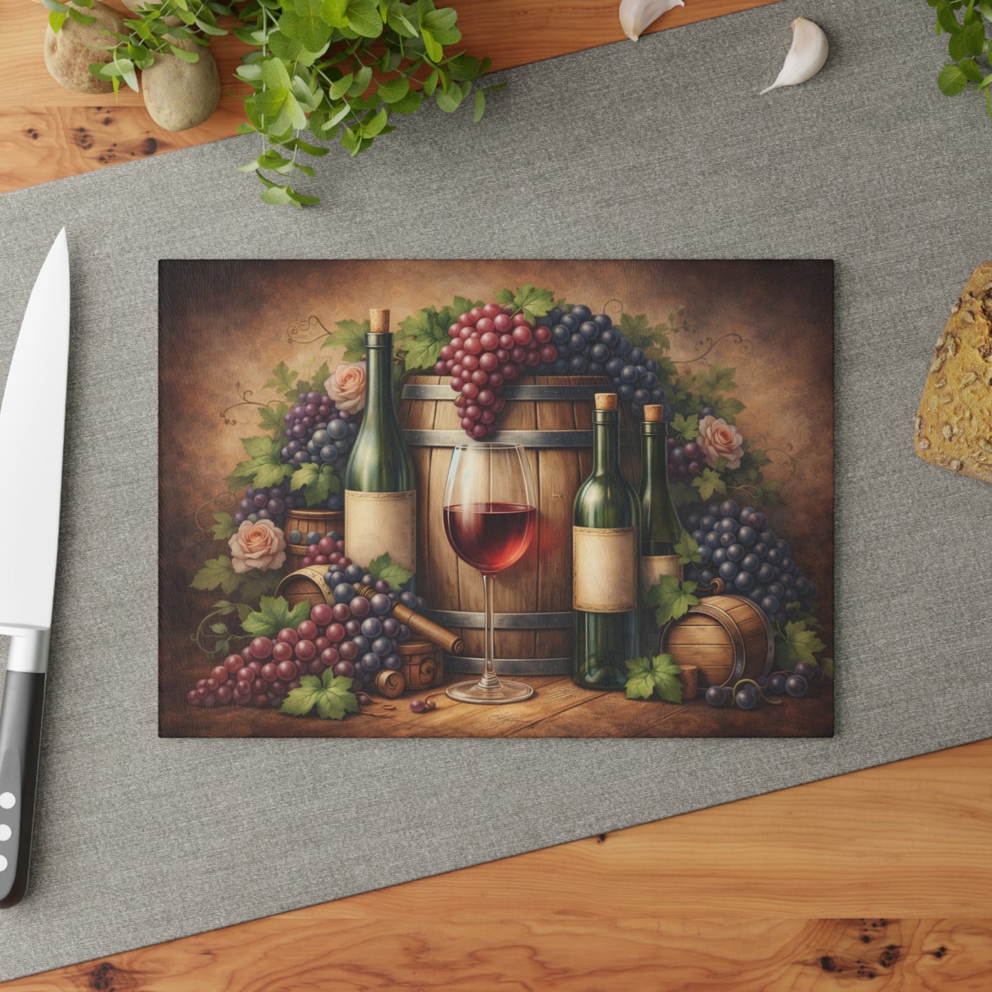 Vintage Vineyard Still Life Glass Cutting Board – Rustic Wine Cellar Artwork for Kitchen Display