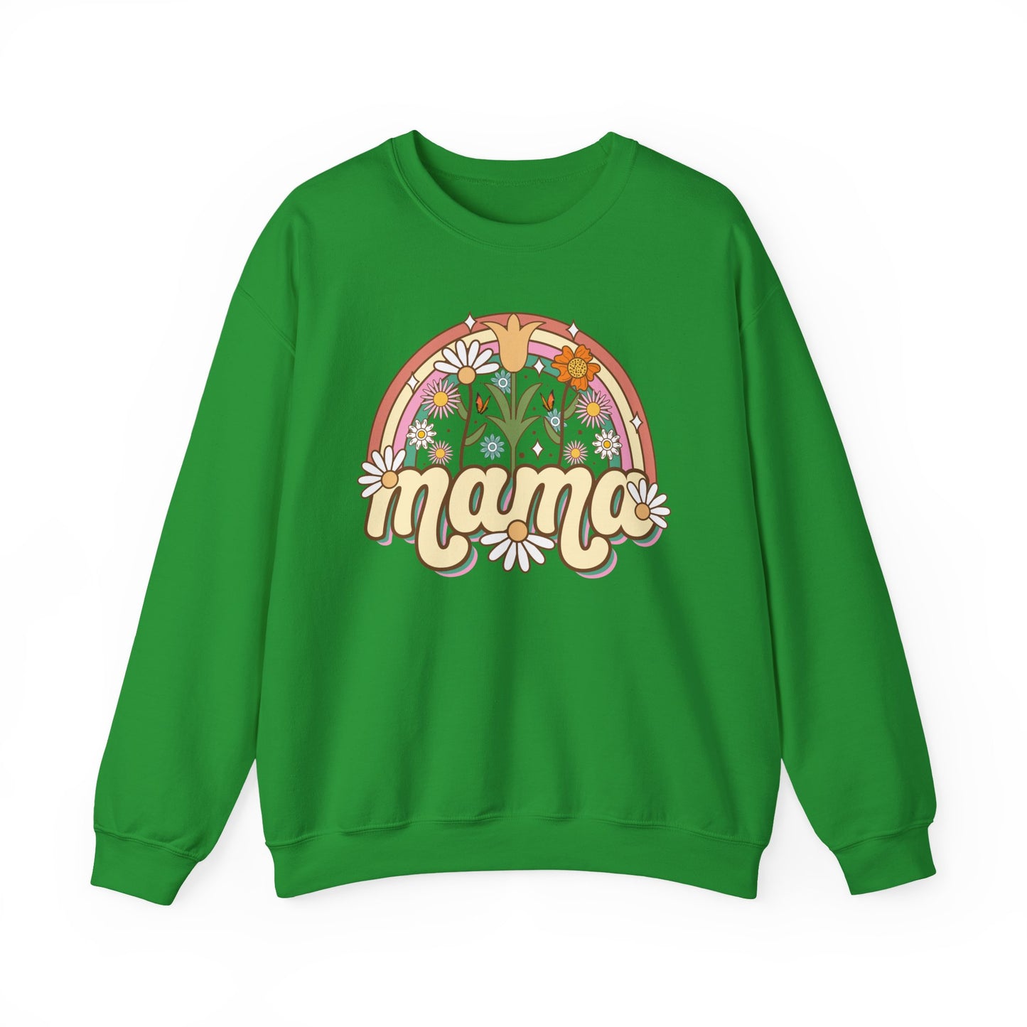 🌼🌈 Retro Floral Mama Sweatshirt – Vintage Rainbow Daisy Mom Crewneck