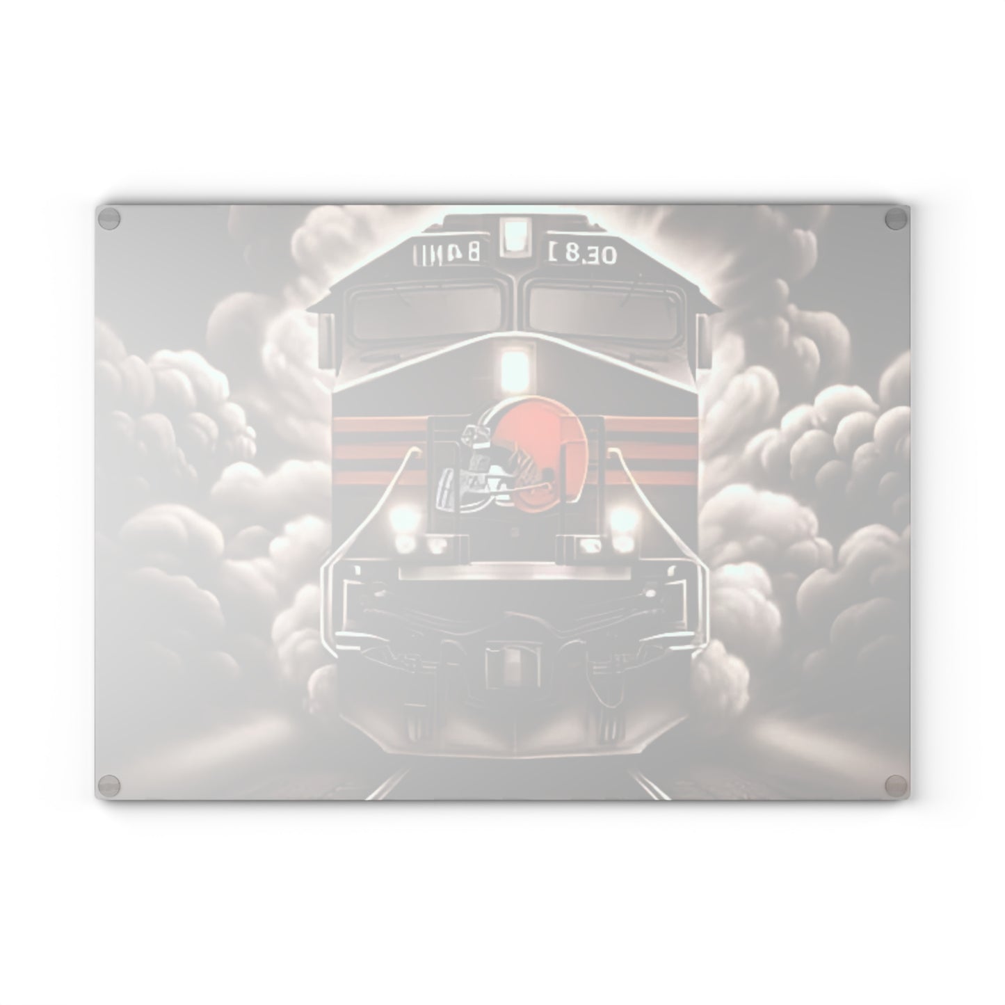 Brown & Orange Express Glass Cutting Board – Classic Train Design for Warm Rustic Kitchens