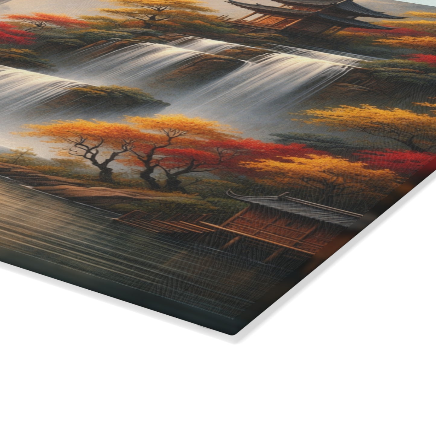 Asian Waterfall Landscape Glass Cutting Board – Serene Mountain Temple Kitchen Art