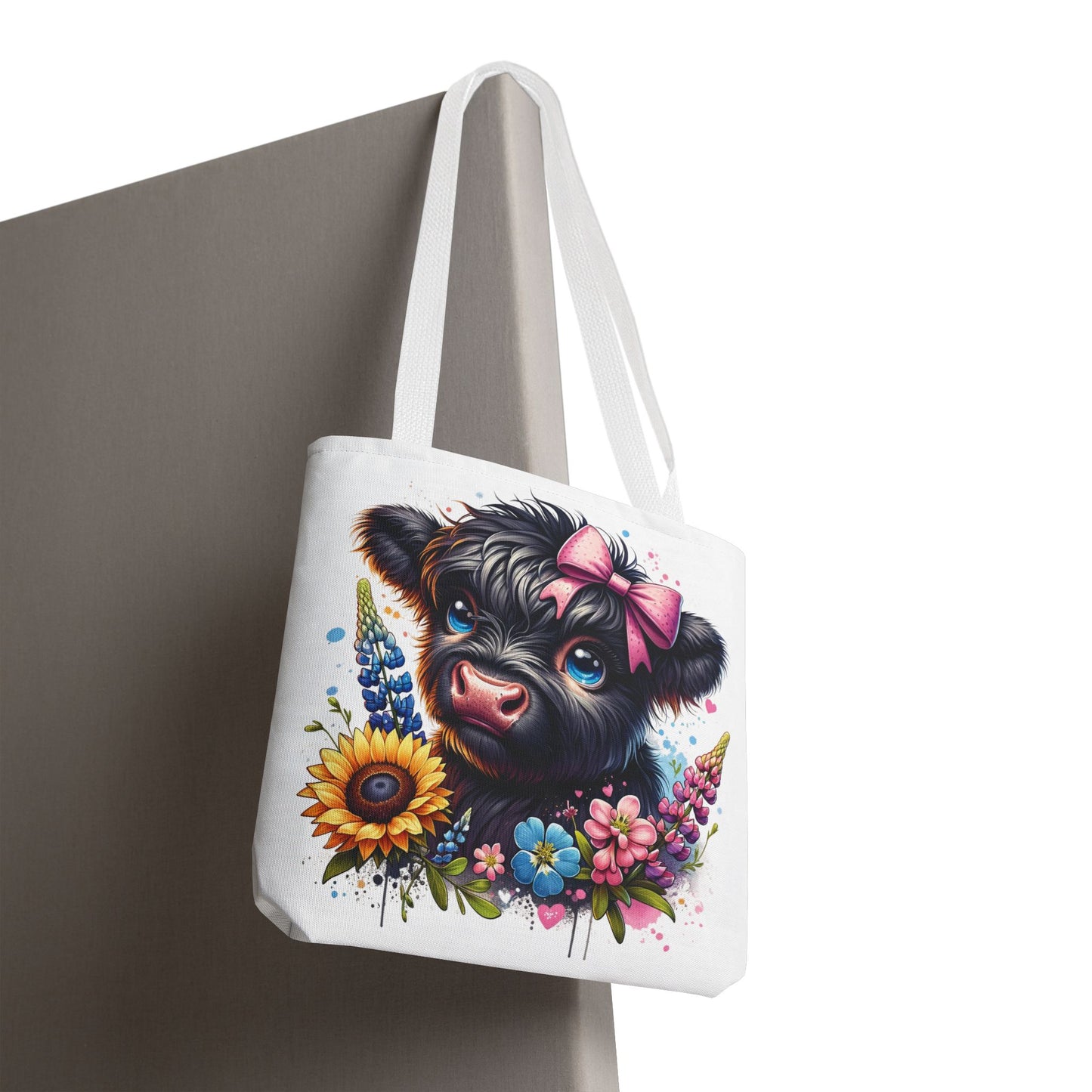 🌸 Black Highland Calf Floral Tote Bag – Sweet Style for Every Age 🐮👜