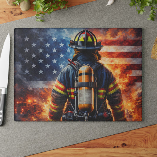 American Firefighter Tribute Glass Cutting Board – Patriotic Hero Kitchen Art