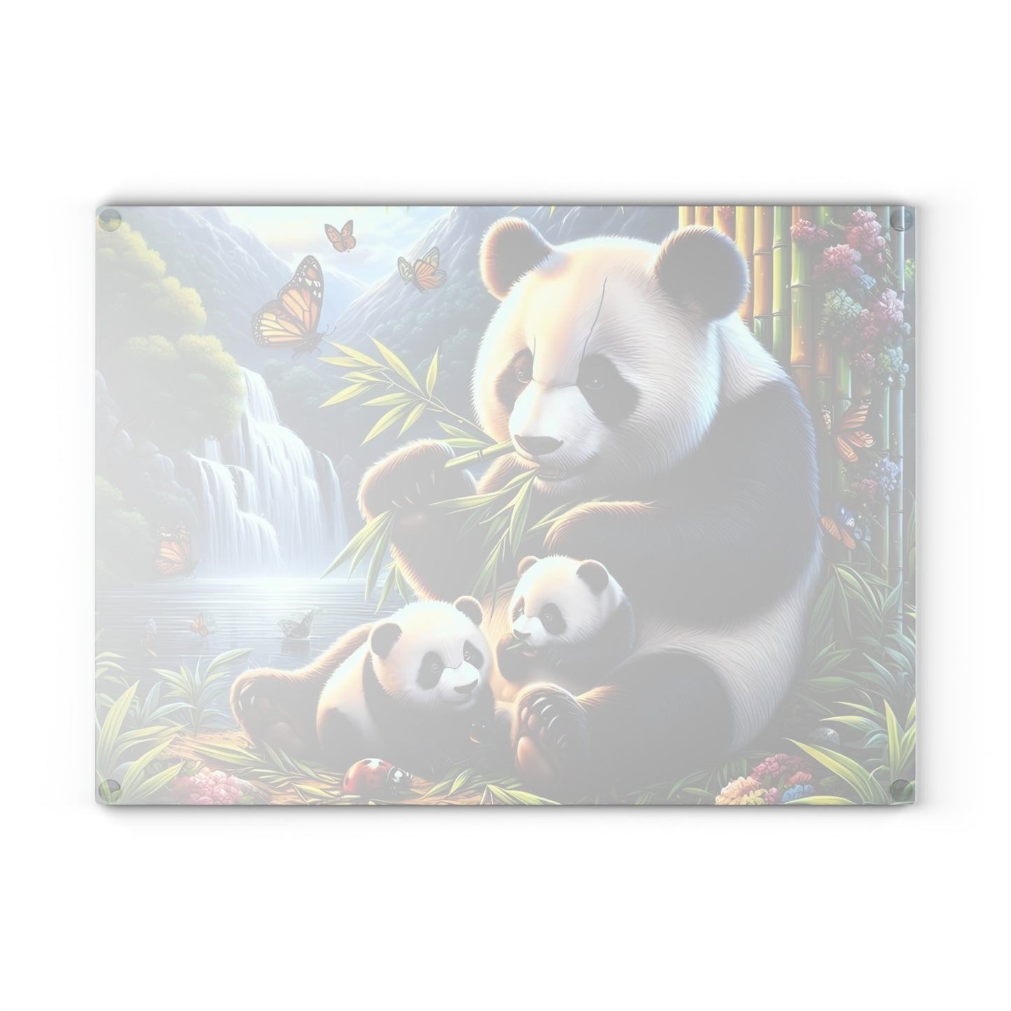 Tabla de cortar con cascada y familia de pandas: una escena natural y caprichosa para tu cocina