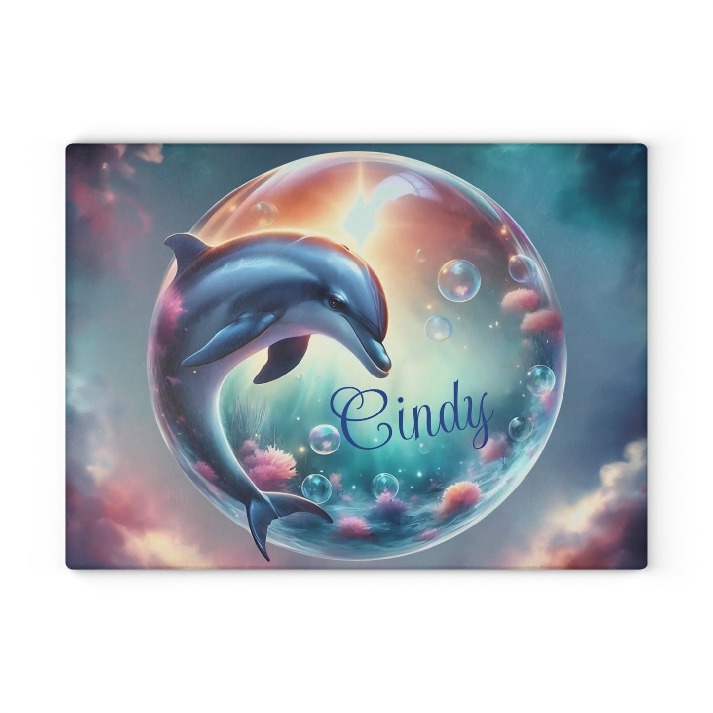 Tabla de cortar con diseño de delfín, vidrio templado con vibrantes escenas de delfines, regalo para chef, regalo para ella, regalo de boda o inauguración de la casa.