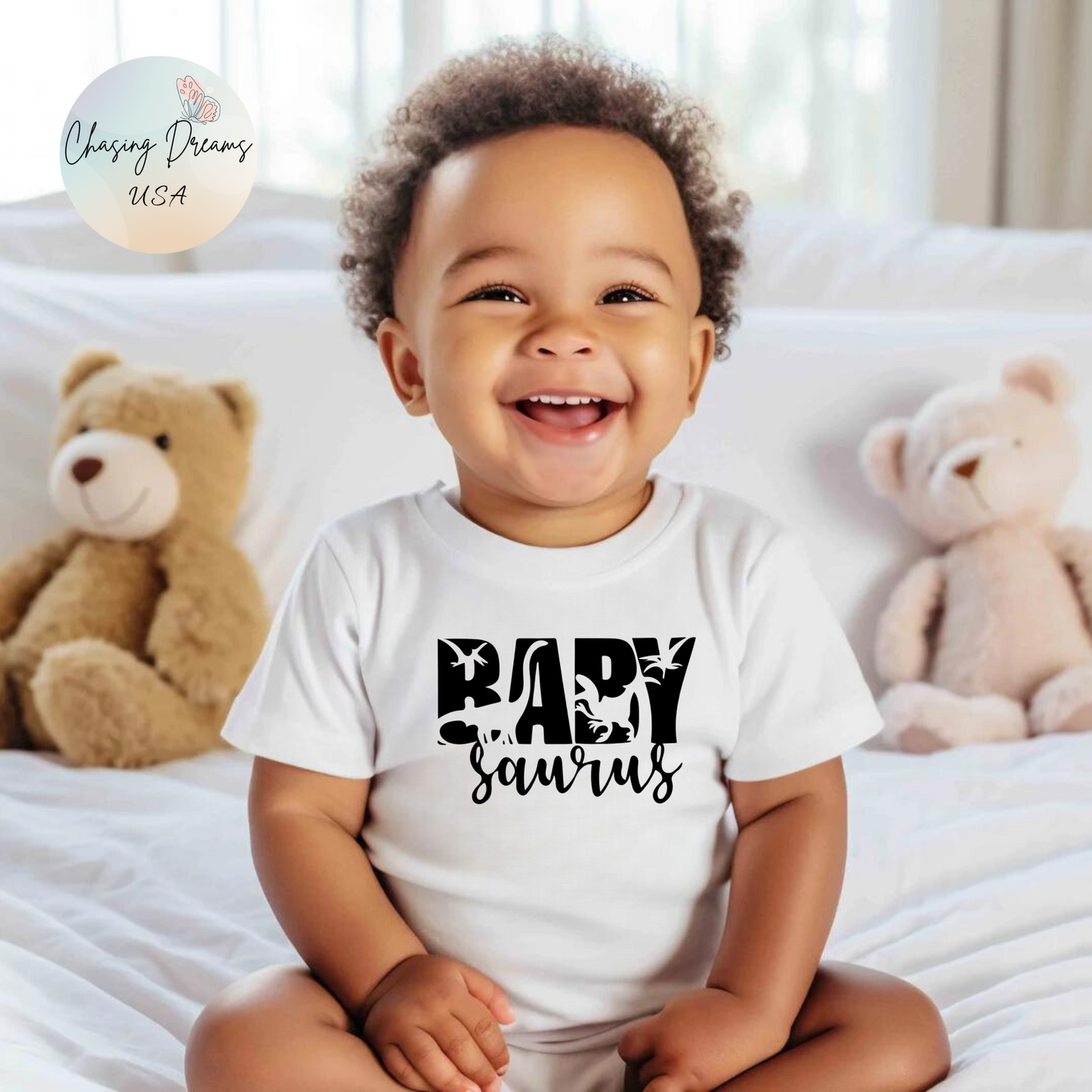 Baby Saurus Dinosaur Infant Bodysuit | Cute Baby Onesie with Dino Silhouettes | Available in Multiple Colors and Organic