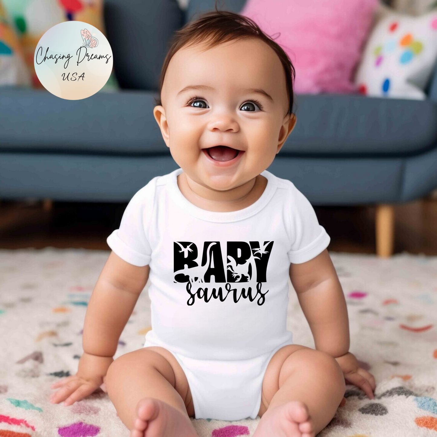 Baby Saurus Dinosaur Infant Bodysuit | Cute Baby Onesie with Dino Silhouettes | Available in Multiple Colors and Organic