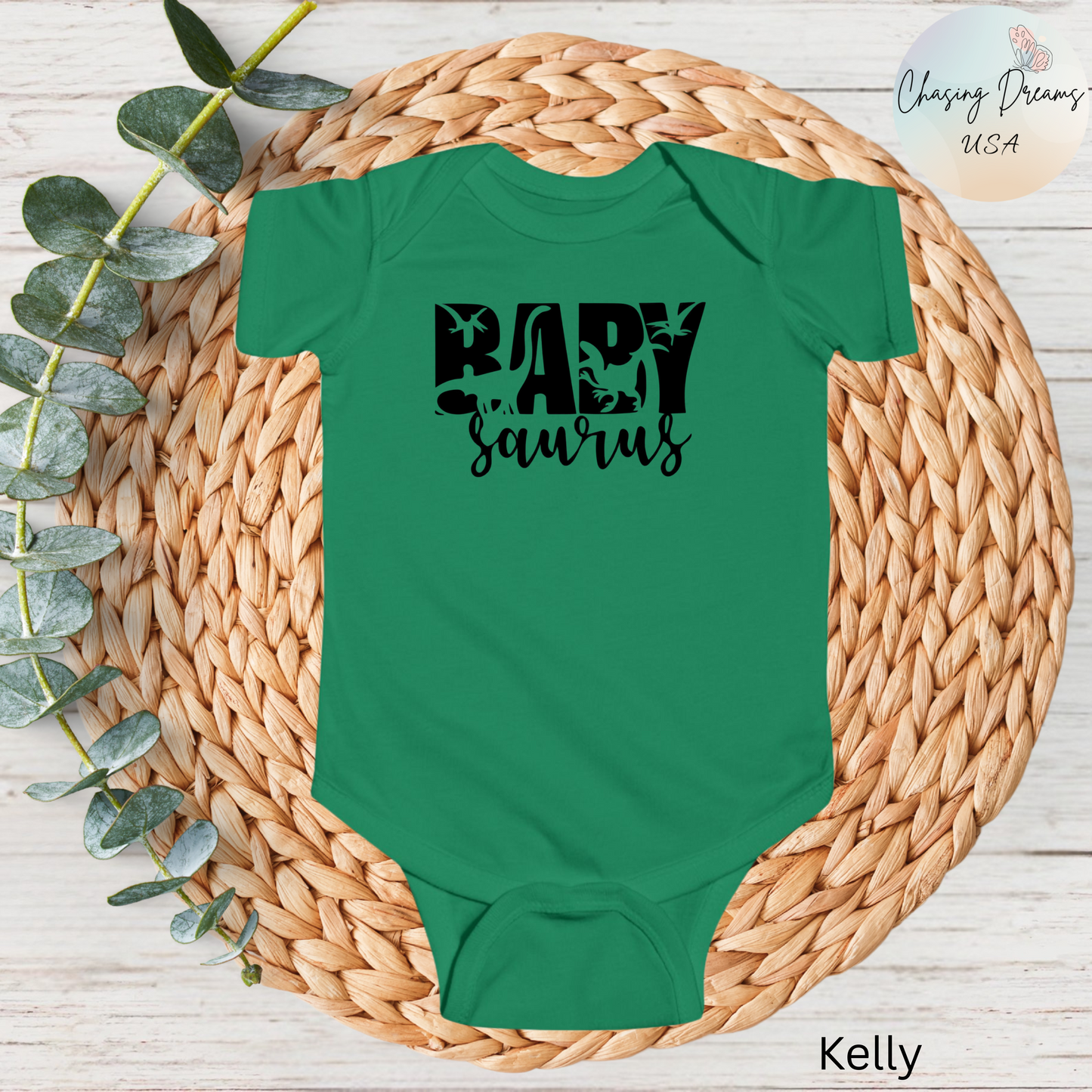 Baby Saurus Dinosaur Infant Bodysuit | Cute Baby Onesie with Dino Silhouettes | Available in Multiple Colors and Organic