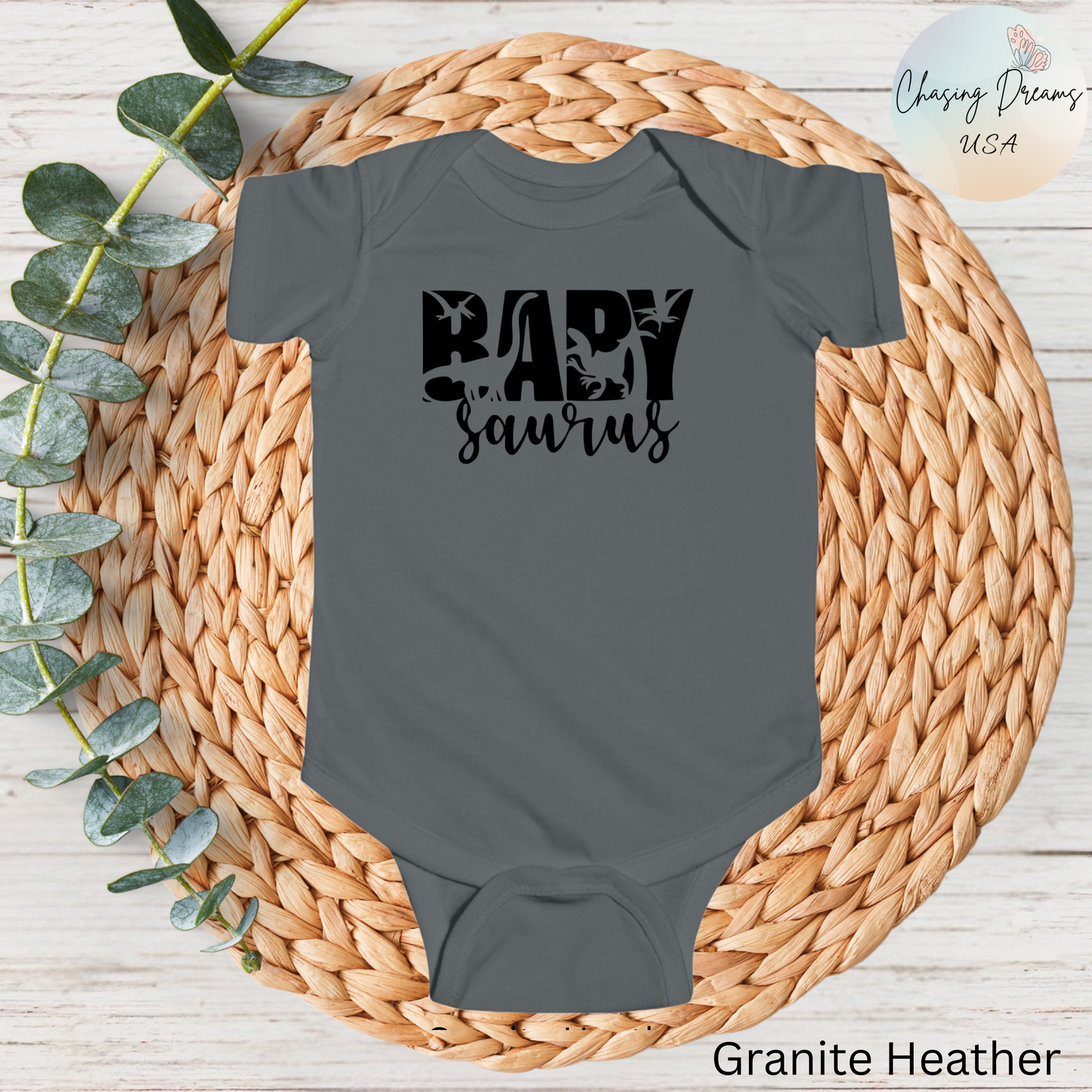 Baby Saurus Dinosaur Infant Bodysuit | Cute Baby Onesie with Dino Silhouettes | Available in Multiple Colors and Organic