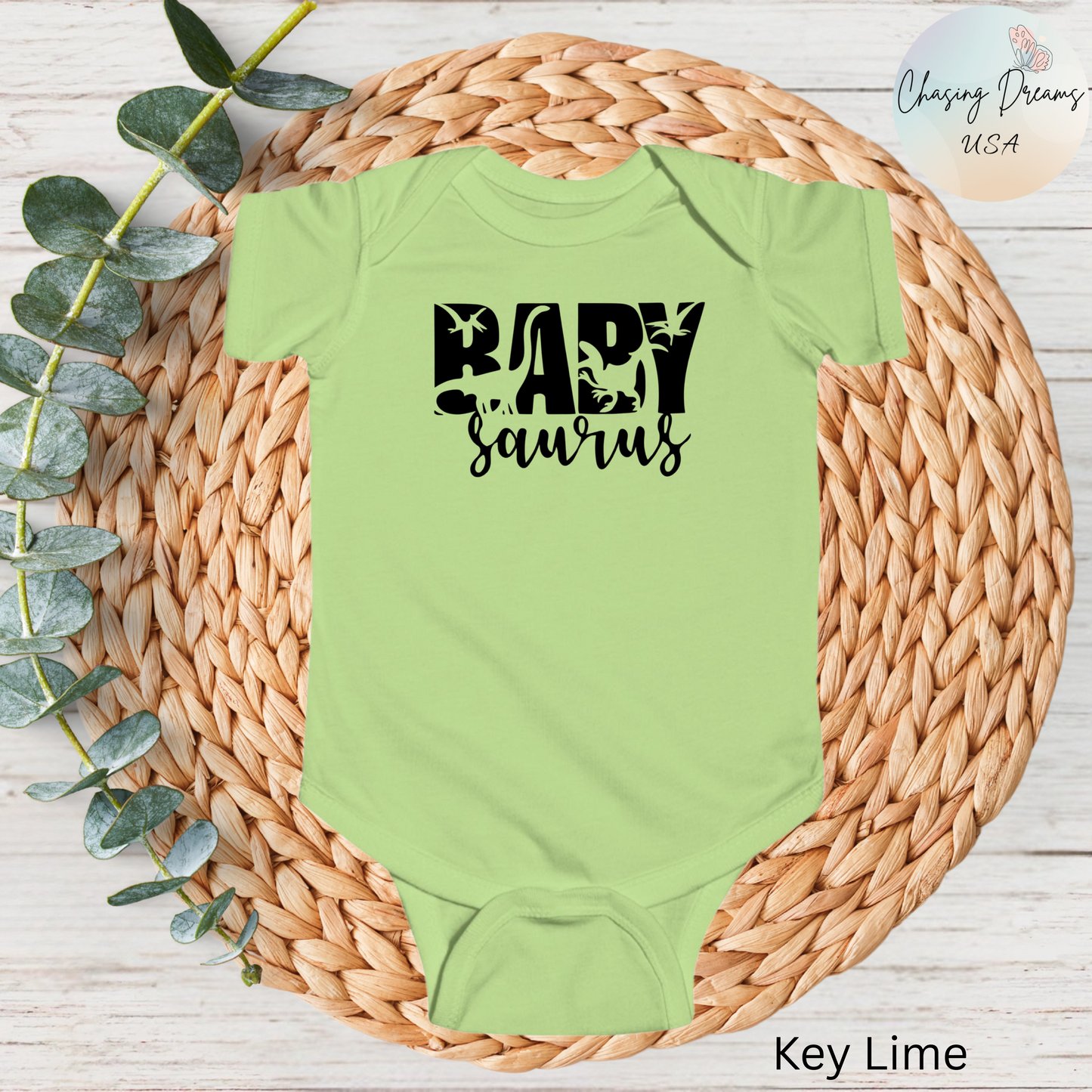 Baby Saurus Dinosaur Infant Bodysuit | Cute Baby Onesie with Dino Silhouettes | Available in Multiple Colors and Organic