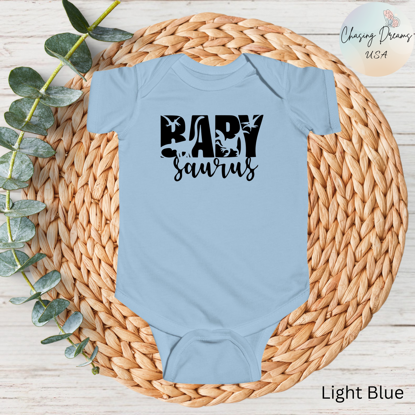 Baby Saurus Dinosaur Infant Bodysuit | Cute Baby Onesie with Dino Silhouettes | Available in Multiple Colors and Organic