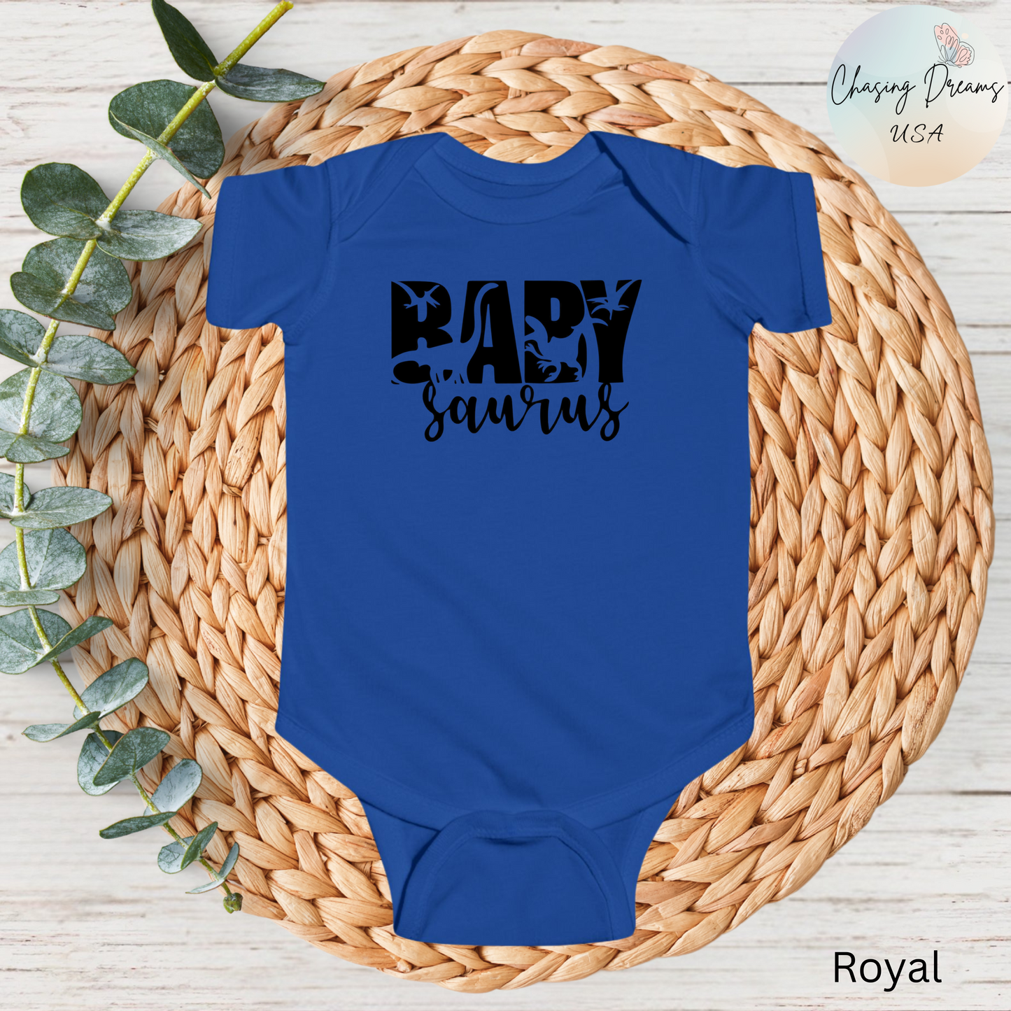 Baby Saurus Dinosaur Infant Bodysuit | Cute Baby Onesie with Dino Silhouettes | Available in Multiple Colors and Organic