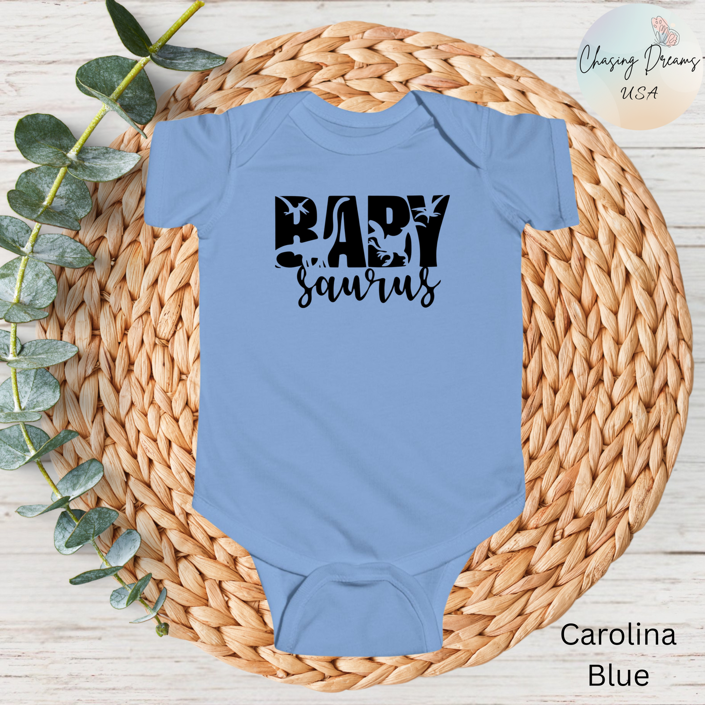 Baby Saurus Dinosaur Infant Bodysuit | Cute Baby Onesie with Dino Silhouettes | Available in Multiple Colors and Organic