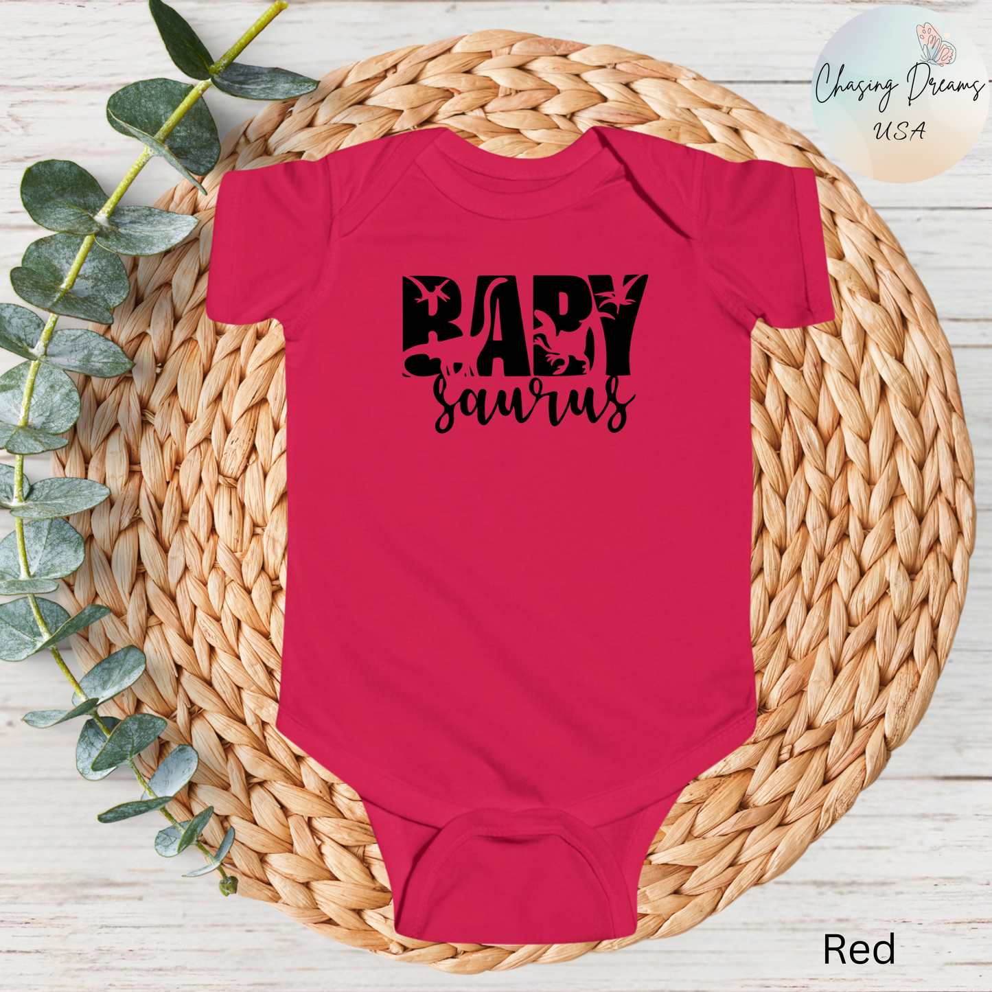 Baby Saurus Dinosaur Infant Bodysuit | Cute Baby Onesie with Dino Silhouettes | Available in Multiple Colors and Organic