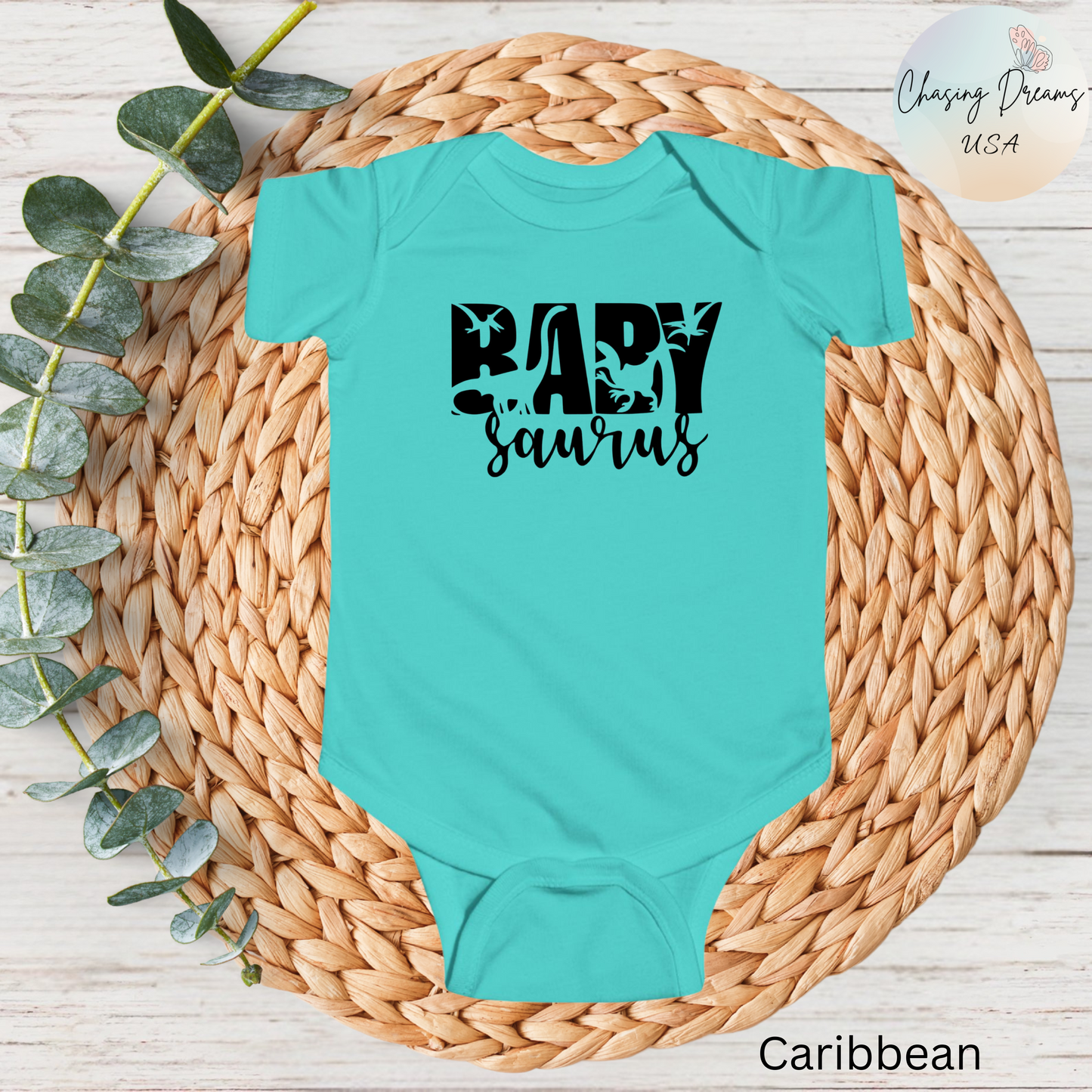 Baby Saurus Dinosaur Infant Bodysuit | Cute Baby Onesie with Dino Silhouettes | Available in Multiple Colors and Organic