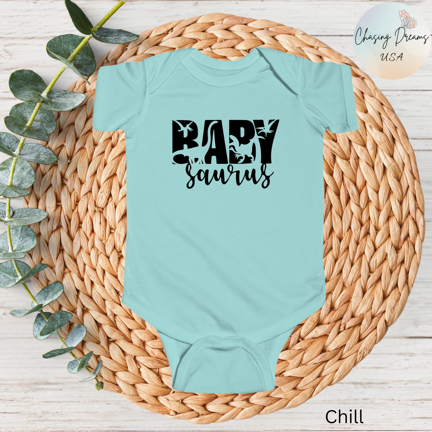 Baby Saurus Dinosaur Infant Bodysuit | Cute Baby Onesie with Dino Silhouettes | Available in Multiple Colors and Organic