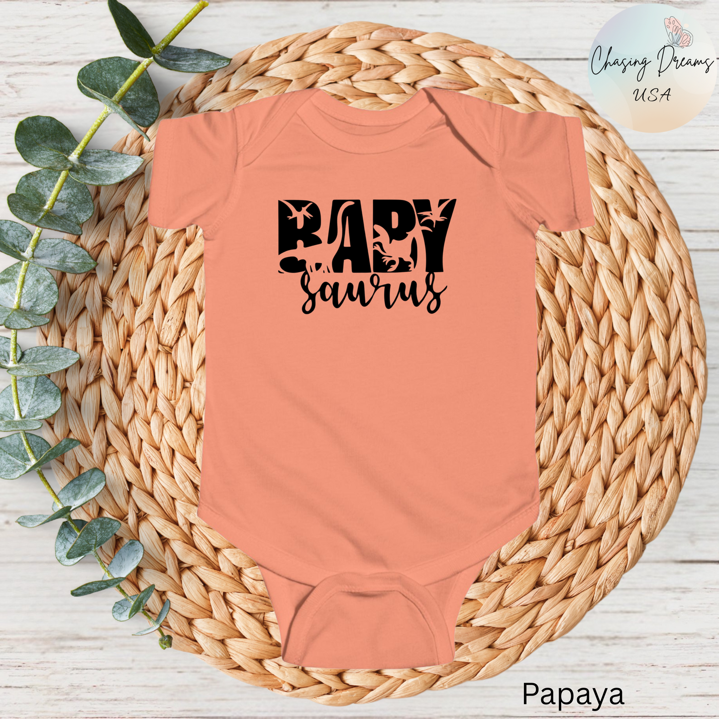 Baby Saurus Dinosaur Infant Bodysuit | Cute Baby Onesie with Dino Silhouettes | Available in Multiple Colors and Organic