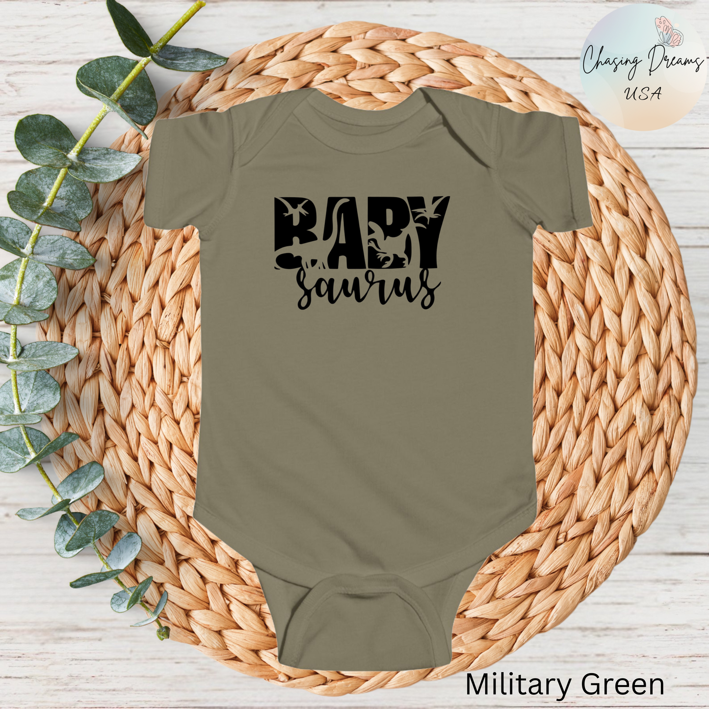 Baby Saurus Dinosaur Infant Bodysuit | Cute Baby Onesie with Dino Silhouettes | Available in Multiple Colors and Organic