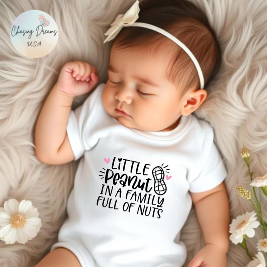 Little Peanut in a Family Full of Nuts Baby Onesie – Funny Bodysuit with Peanut and Heart Design