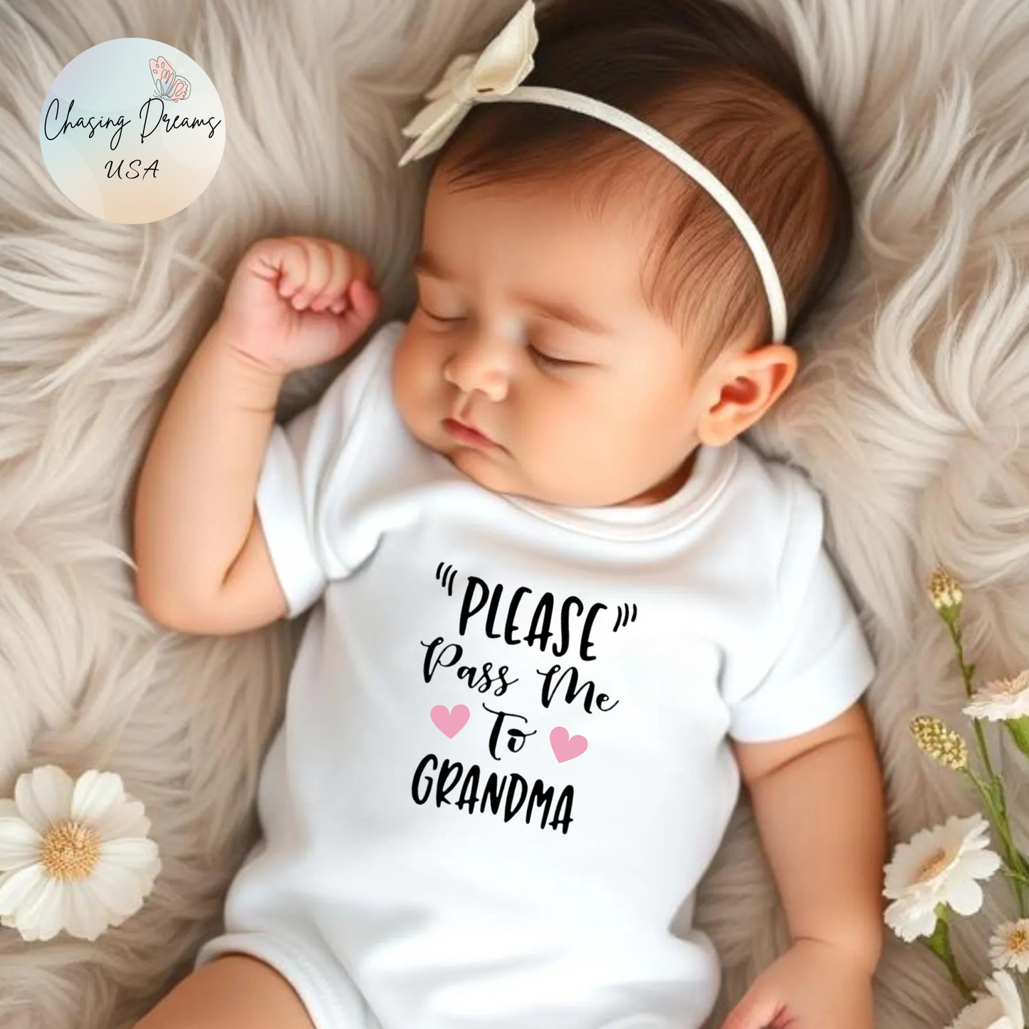 "PLEASE Pass Me to GRANDMA" Baby Onesie – Unisex Bodysuit for Infant Boys or Girls – Available with Blue or Pink Hearts
