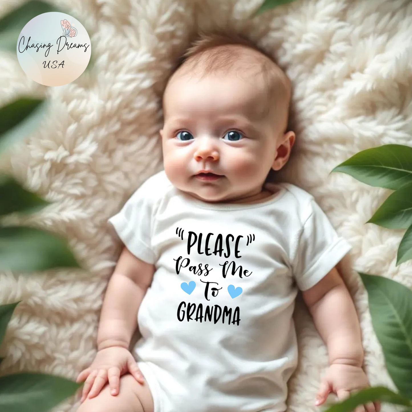 "PLEASE Pass Me to GRANDMA" Baby Onesie – Unisex Bodysuit for Infant Boys or Girls – Available with Blue or Pink Hearts