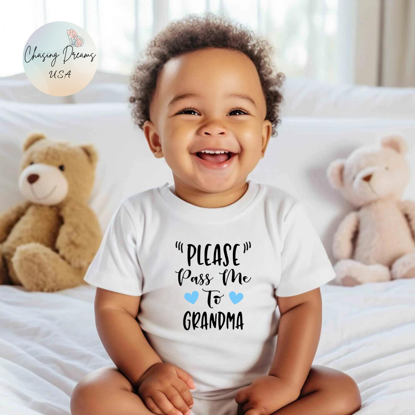 "PLEASE Pass Me to GRANDMA" Baby Onesie – Unisex Bodysuit for Infant Boys or Girls – Available with Blue or Pink Hearts
