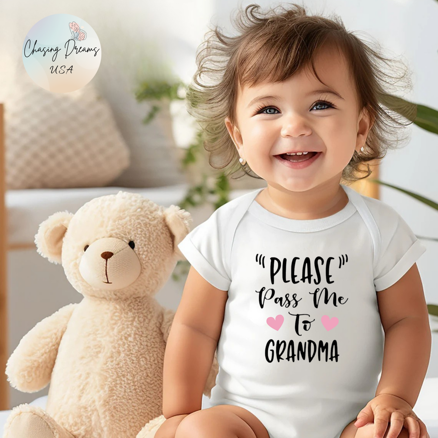 "PLEASE Pass Me to GRANDMA" Baby Onesie – Unisex Bodysuit for Infant Boys or Girls – Available with Blue or Pink Hearts