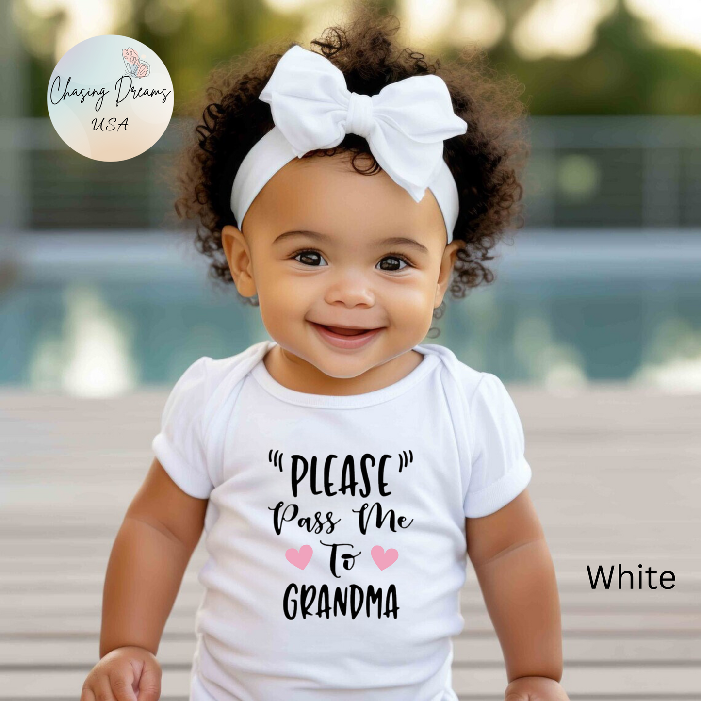 "PLEASE Pass Me to GRANDMA" Baby Onesie – Unisex Bodysuit for Infant Boys or Girls – Available with Blue or Pink Hearts