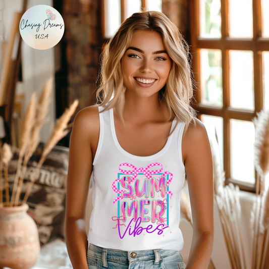 ☀️ Camiseta sin mangas con espalda nadadora Summer Vibes: camiseta gráfica ligera para mujer para playa, piscina y días informales