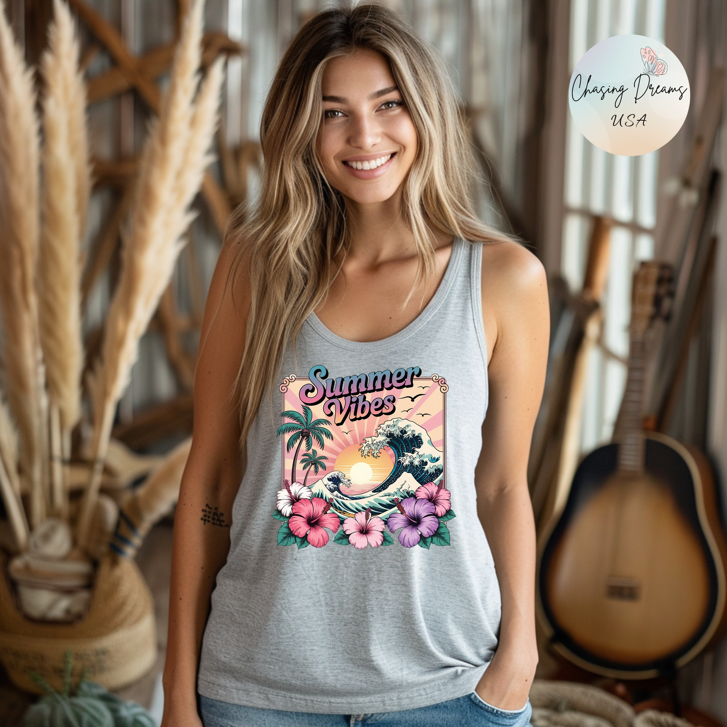 ☀️ Camiseta de tirantes con espalda nadadora Summer Vibes: playera ligera para mujer con diseño de ondas tropicales e hibisco