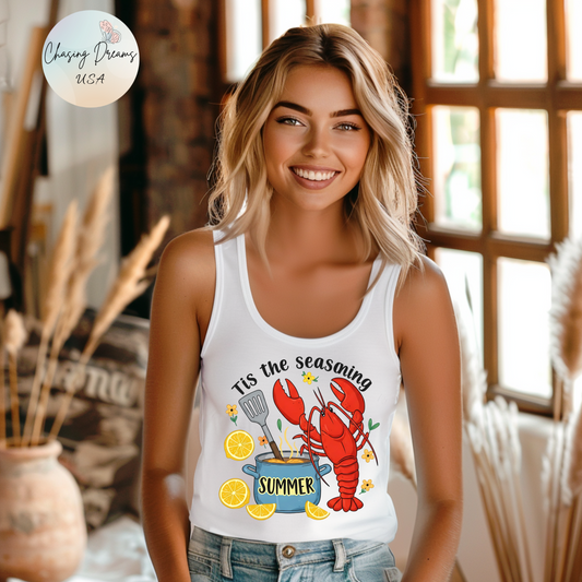 Camiseta de tirantes con espalda nadadora "Tis the Seasoning": camiseta de verano con langosta hervida para mujer