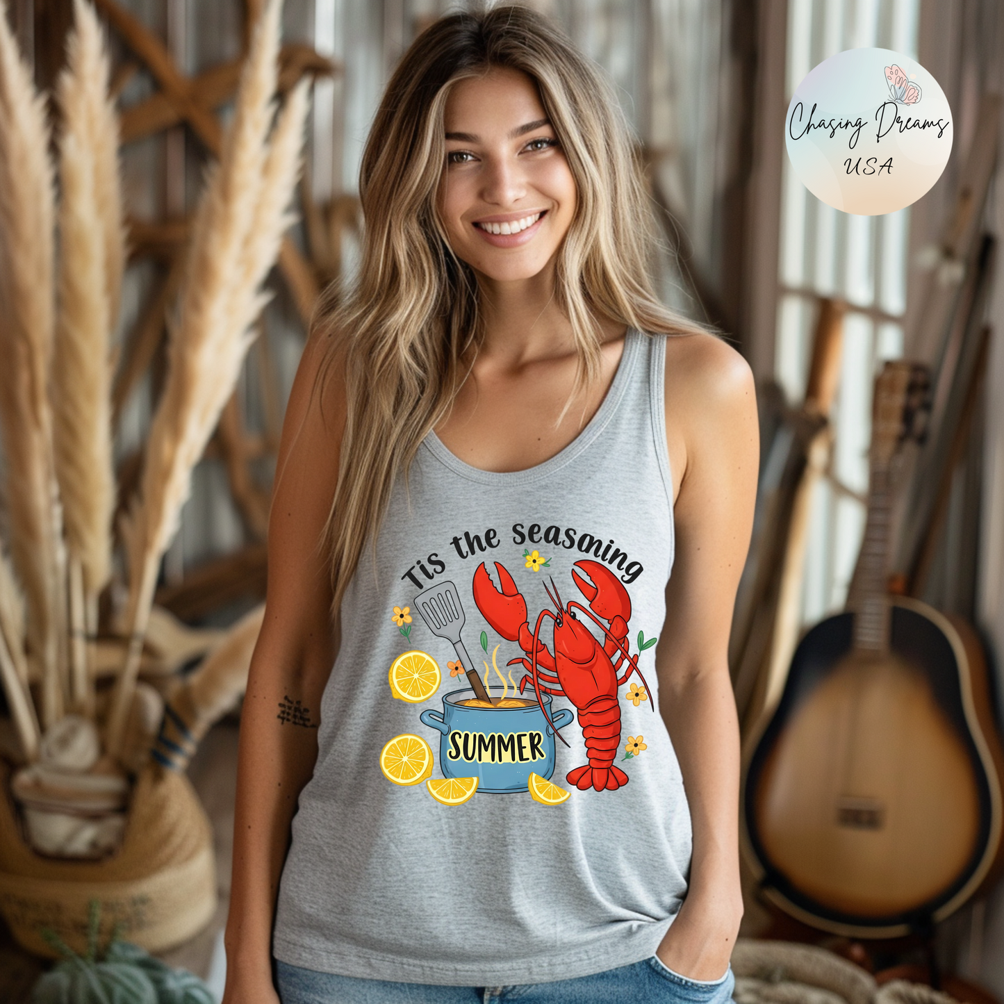 Camiseta de tirantes con espalda nadadora "Tis the Seasoning": camiseta de verano con langosta hervida para mujer