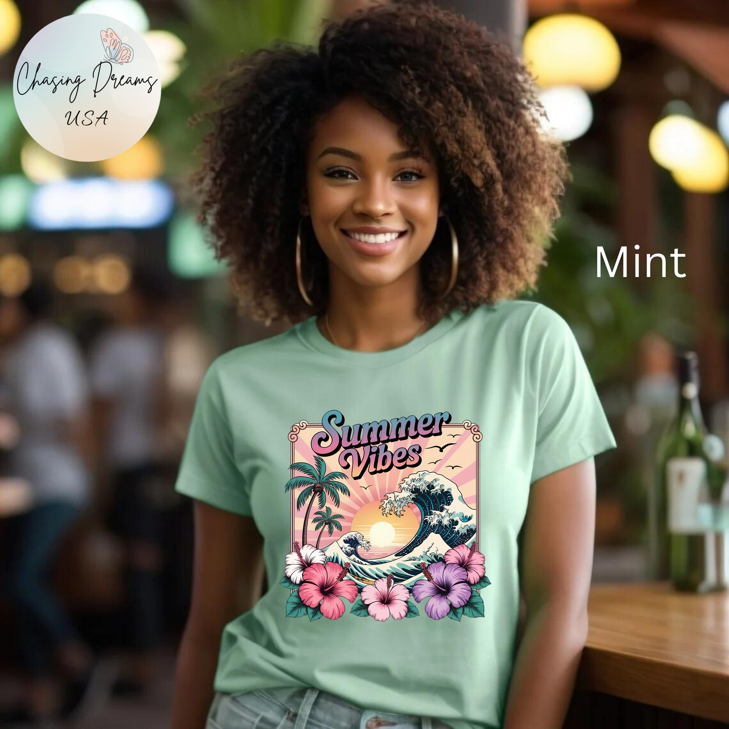 ☀️ Camiseta Summer Vibes – Ola playera vibrante, hibisco y palmeras | Camiseta gráfica para mujer