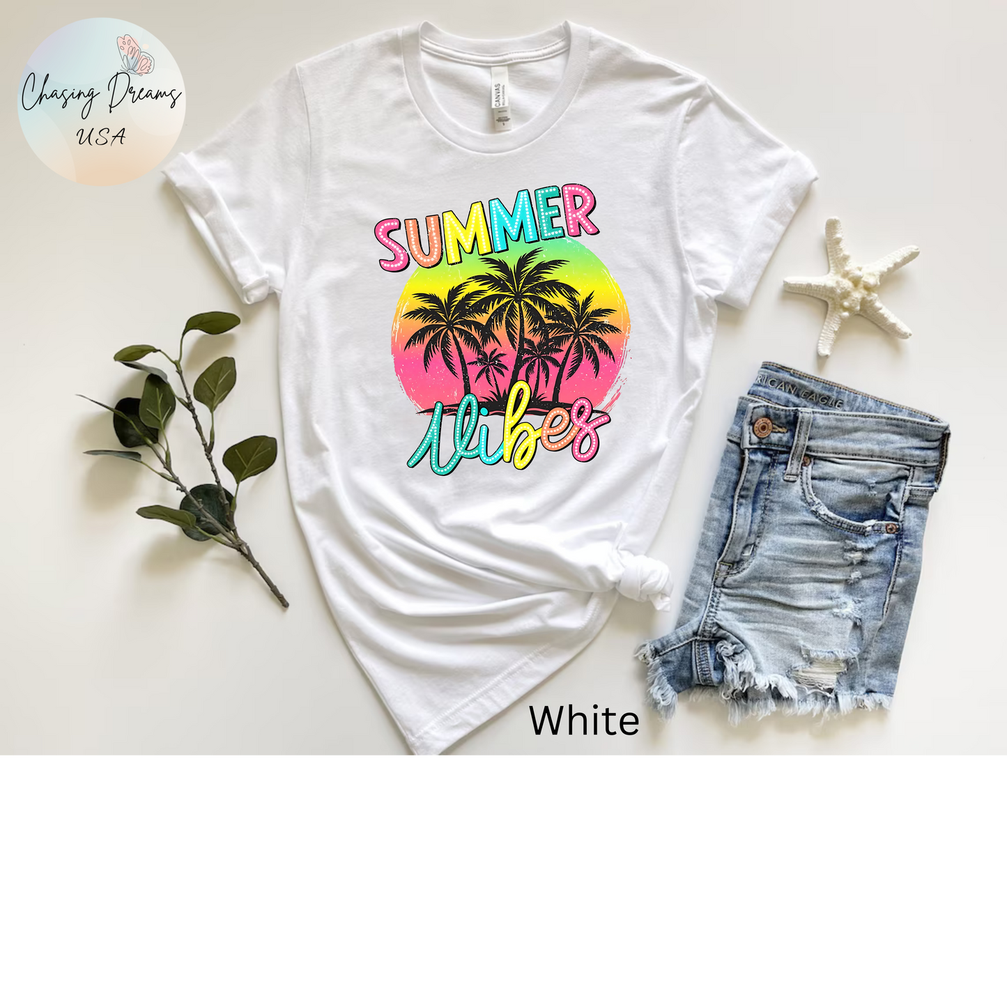Camiseta Summer Vibes – Camiseta estampada de palmera en blanco | Camiseta de verano para mujer | Solo en blanco