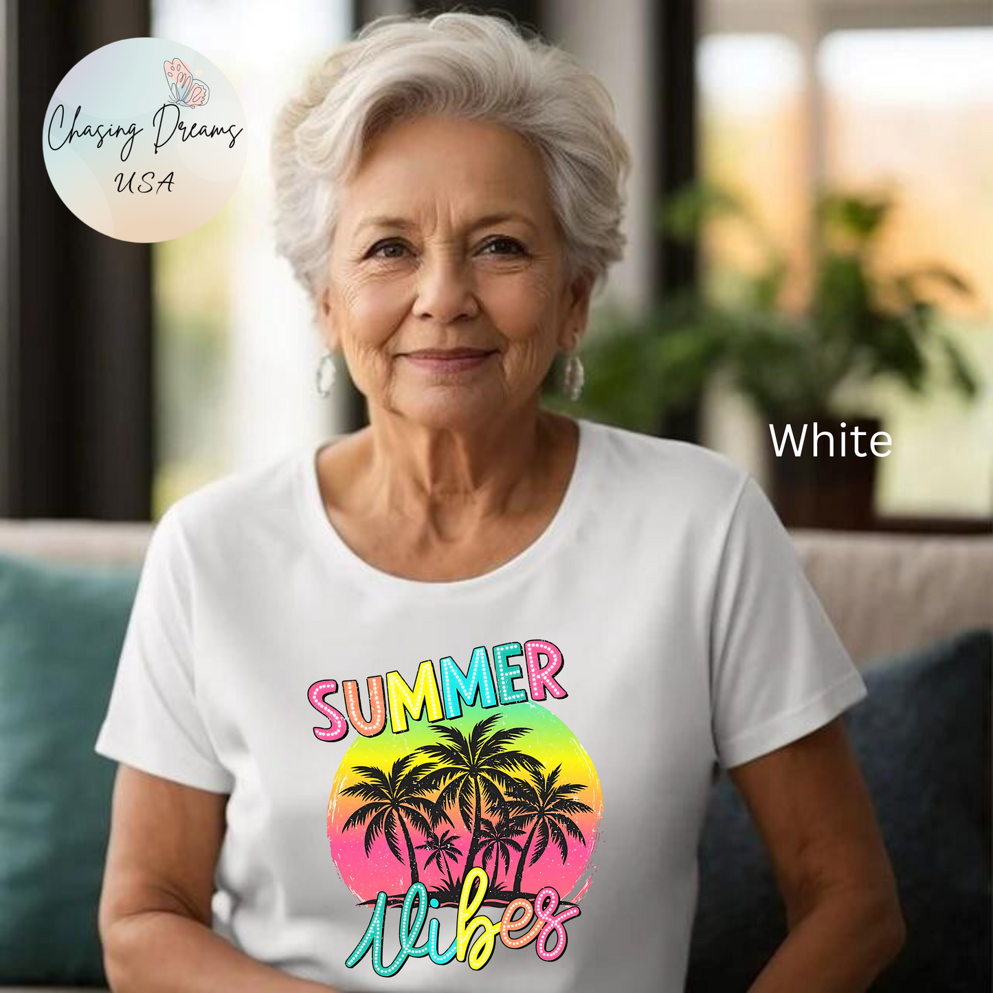 Camiseta Summer Vibes – Camiseta estampada de palmera en blanco | Camiseta de verano para mujer | Solo en blanco
