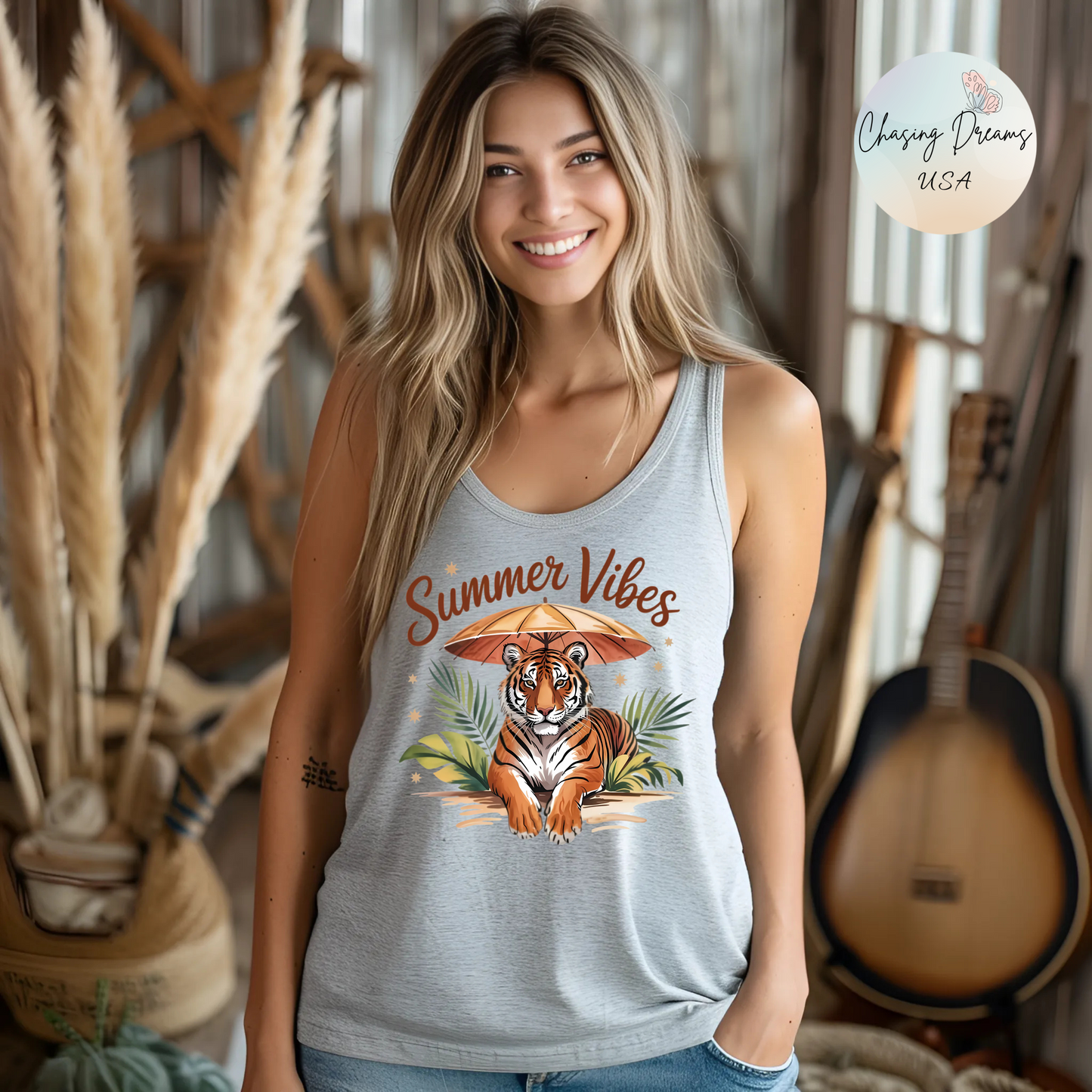 Camiseta de tirantes con espalda nadadora Summer Vibes Tiger – Estampado de palmeras de la selva con paraguas | 5 opciones de color