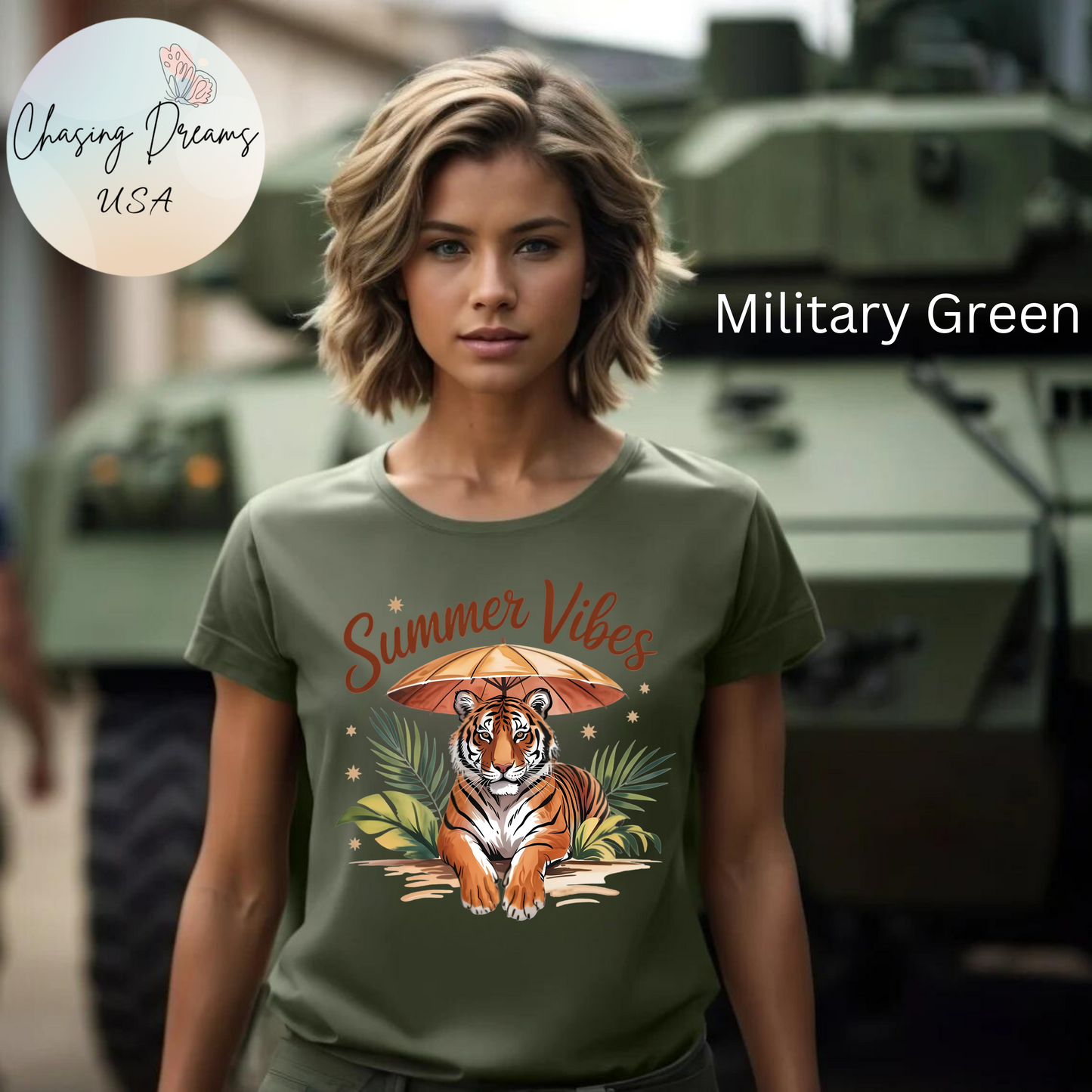 Camiseta Summer Vibes Tiger – Gráfico de palmeras de la selva con paraguas | Múltiples opciones de color