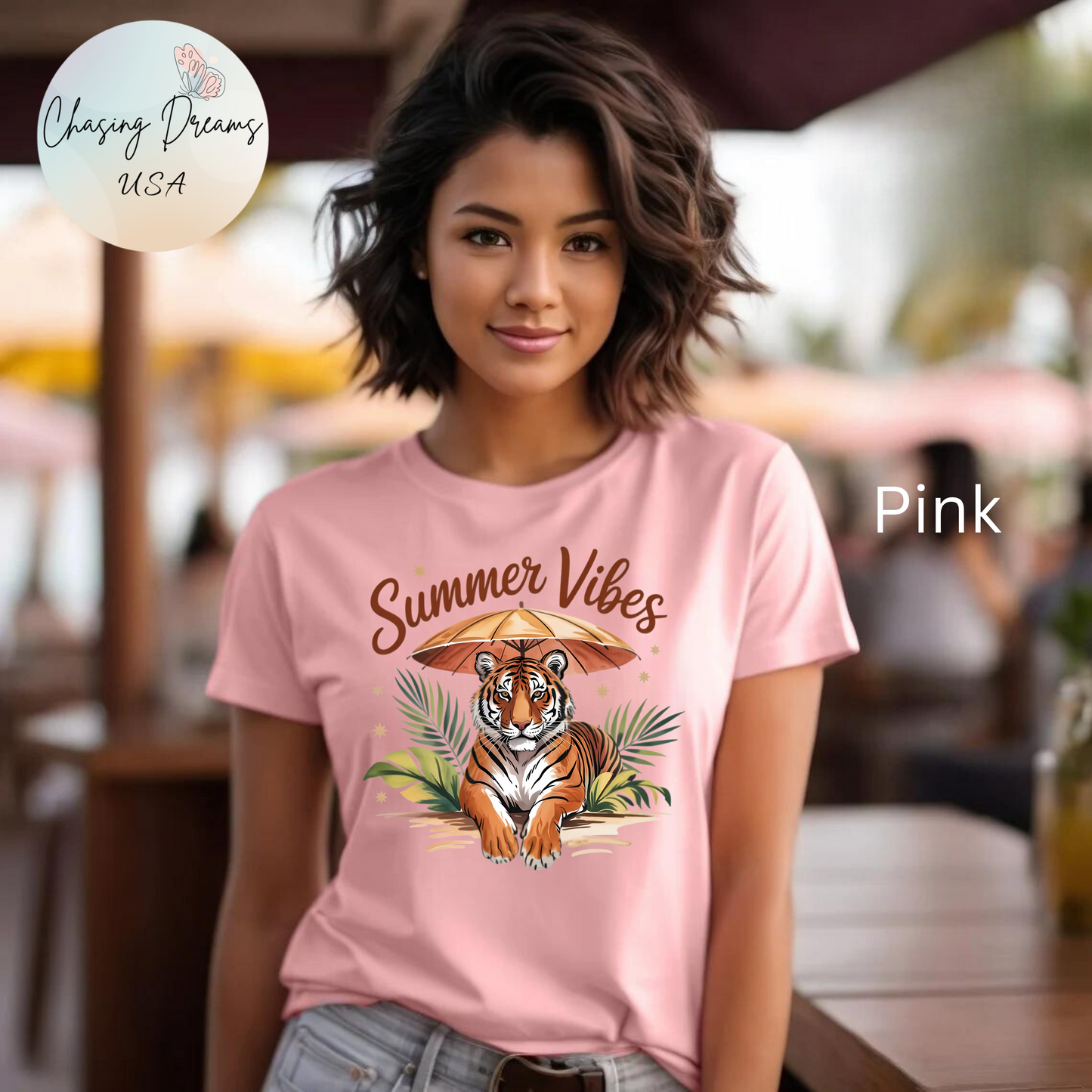 Camiseta Summer Vibes Tiger – Gráfico de palmeras de la selva con paraguas | Múltiples opciones de color