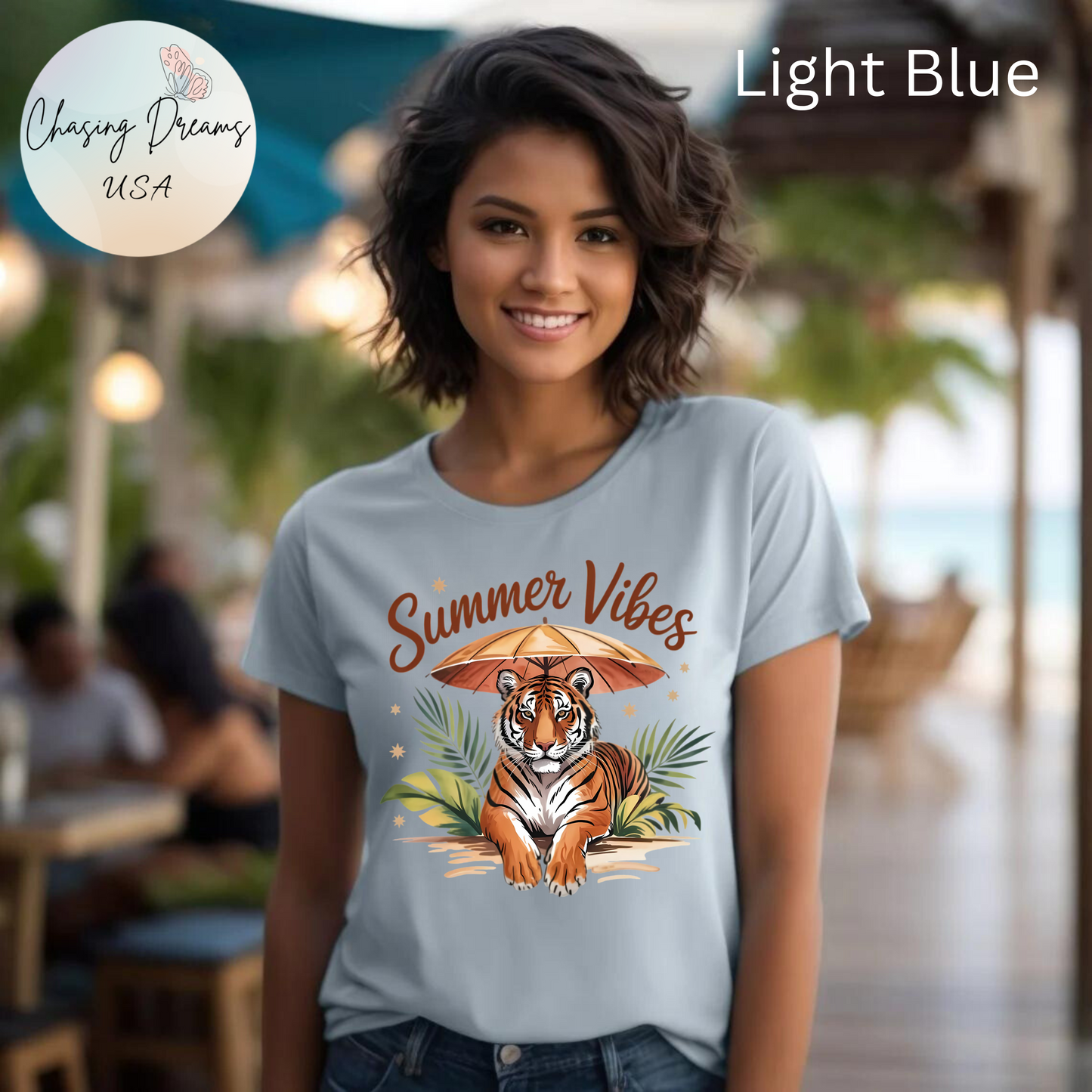 Camiseta Summer Vibes Tiger – Gráfico de palmeras de la selva con paraguas | Múltiples opciones de color