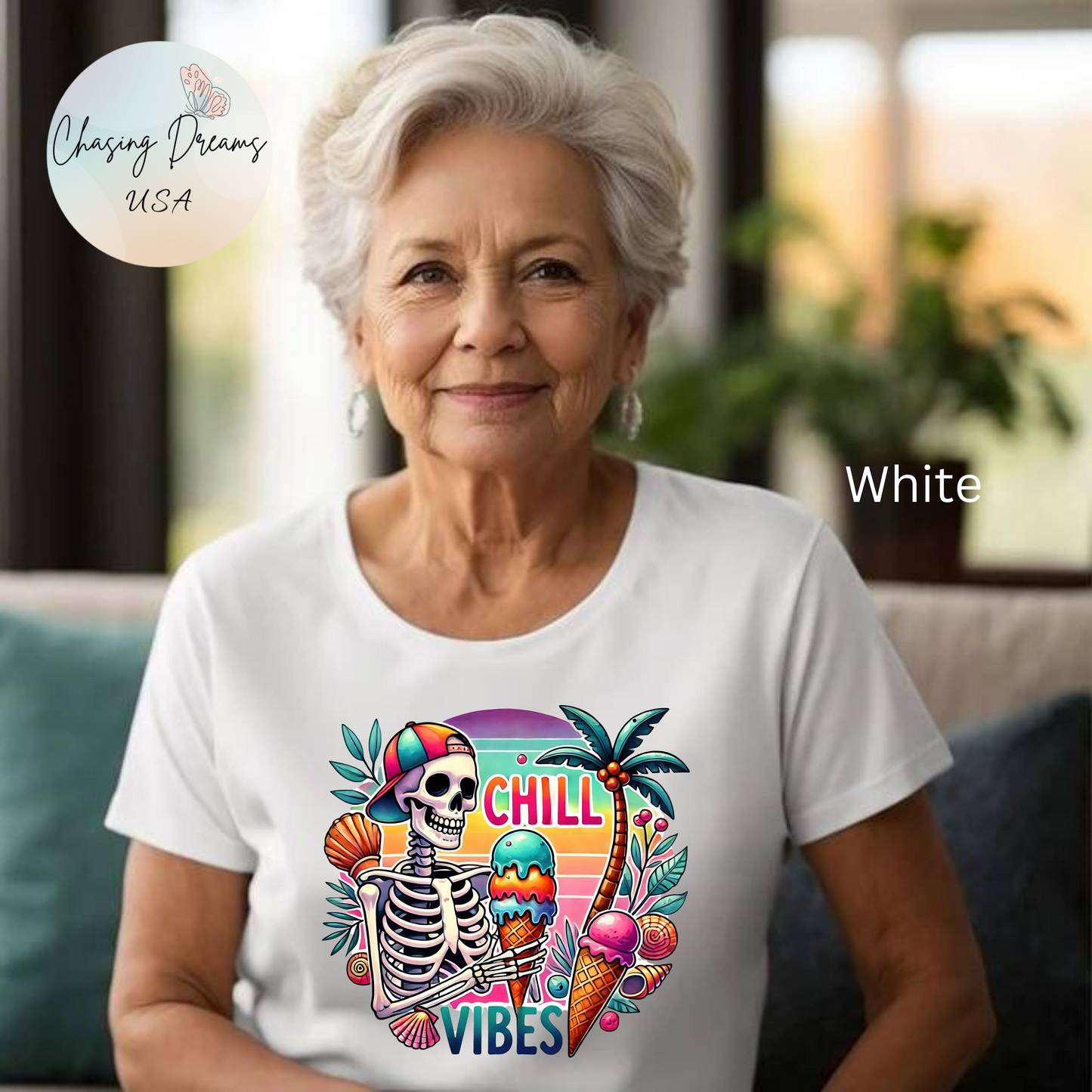 Camiseta Chill Vibes – Esqueleto con helado | Camiseta retro divertida de verano (solo blanca)