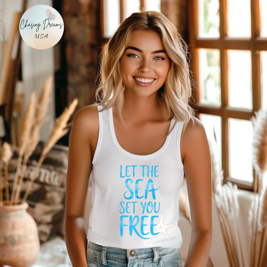 Camiseta de tirantes con espalda nadadora "Deja que el mar te libere" - Gráfico playero de estrellas de mar y conchas | Camiseta de tirantes costera para mujer