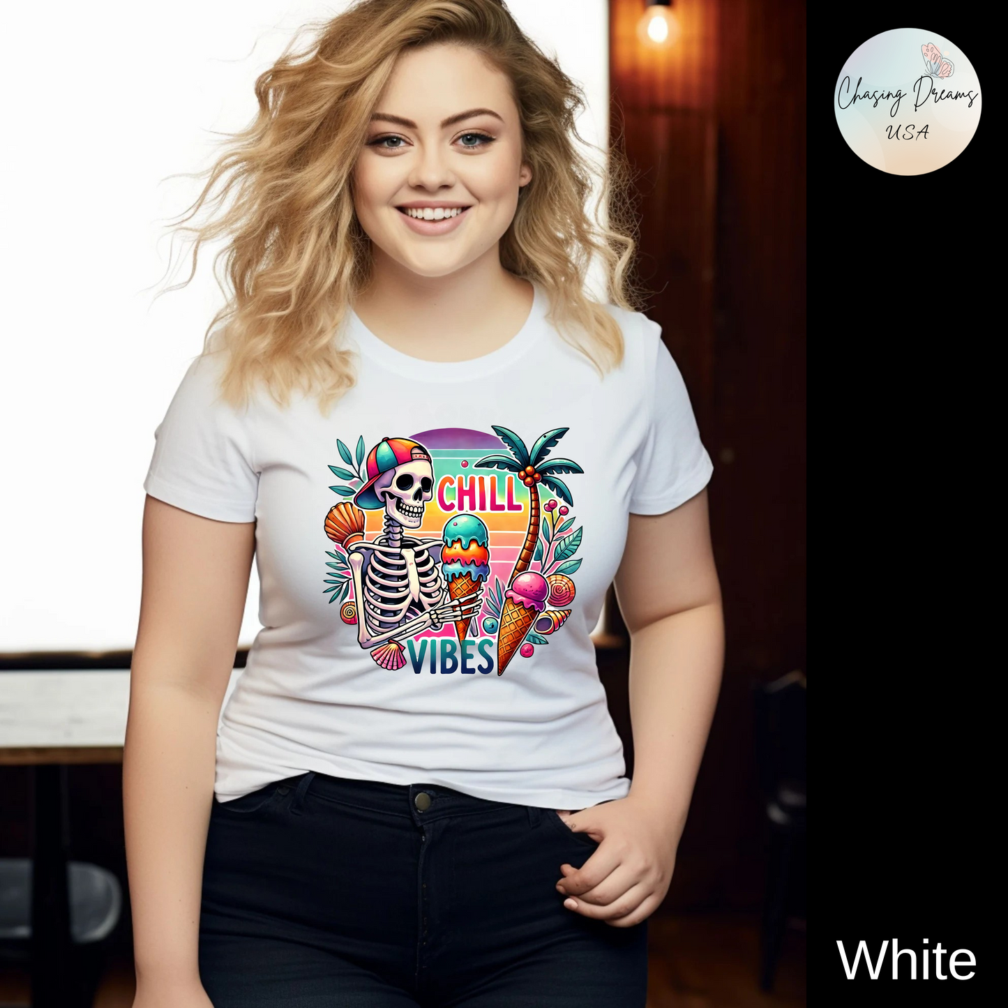 Camiseta Chill Vibes – Esqueleto con helado | Camiseta retro divertida de verano (solo blanca)