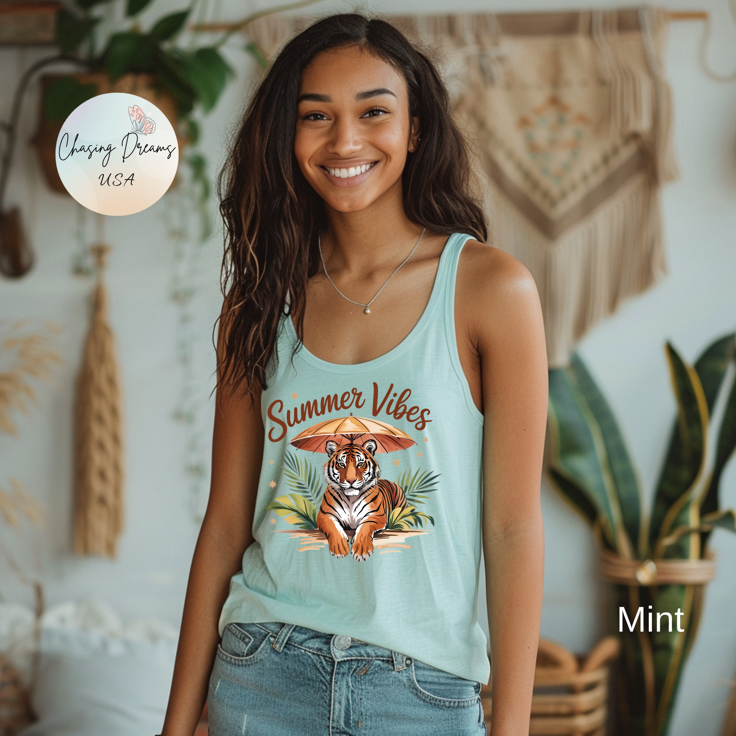 Camiseta de tirantes Summer Vibes Tiger con espalda nadadora – Diseño de palmeras de la selva con paraguas | 15 opciones de color