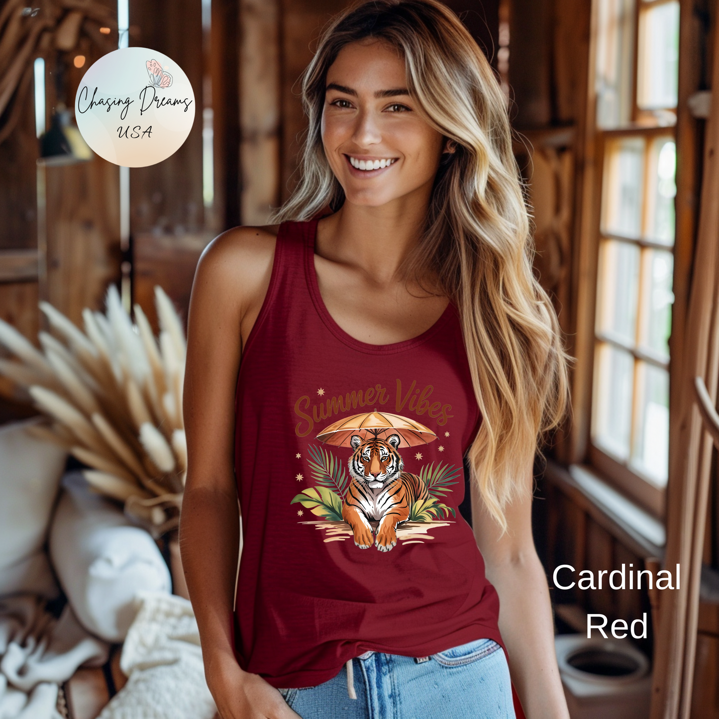 Camiseta de tirantes Summer Vibes Tiger con espalda nadadora – Diseño de palmeras de la selva con paraguas | 15 opciones de color