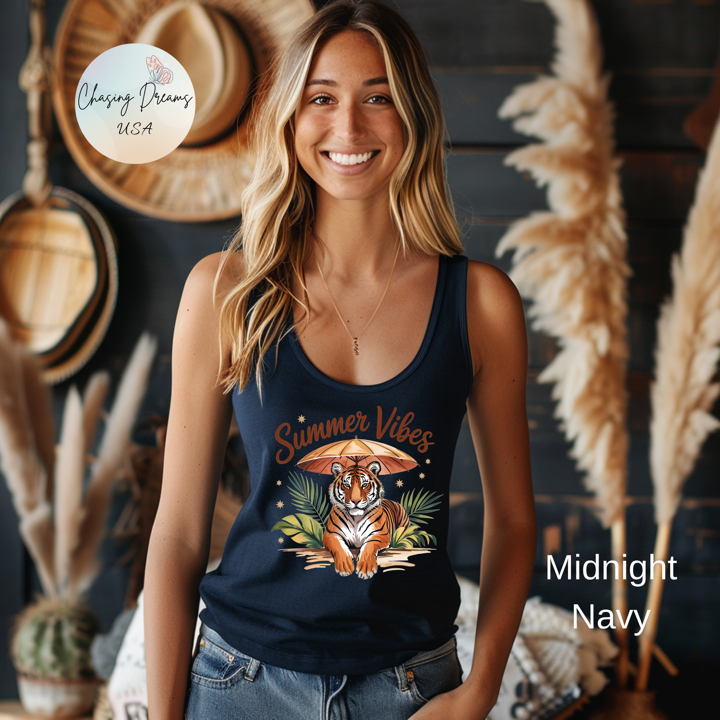 Camiseta de tirantes Summer Vibes Tiger con espalda nadadora – Diseño de palmeras de la selva con paraguas | 15 opciones de color