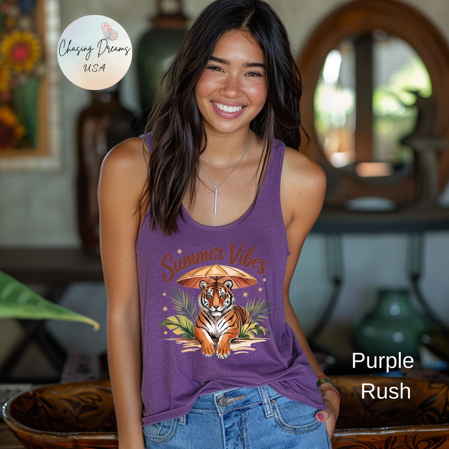 Camiseta de tirantes Summer Vibes Tiger con espalda nadadora – Diseño de palmeras de la selva con paraguas | 15 opciones de color