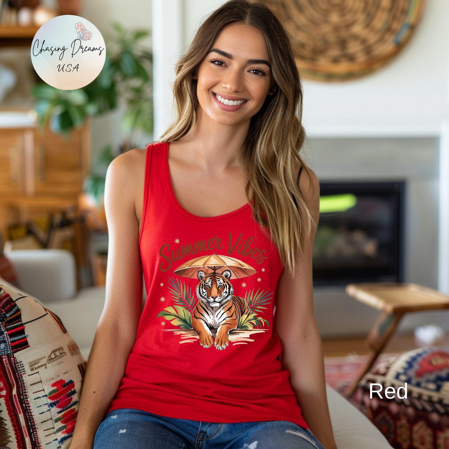 Camiseta de tirantes Summer Vibes Tiger con espalda nadadora – Diseño de palmeras de la selva con paraguas | 15 opciones de color