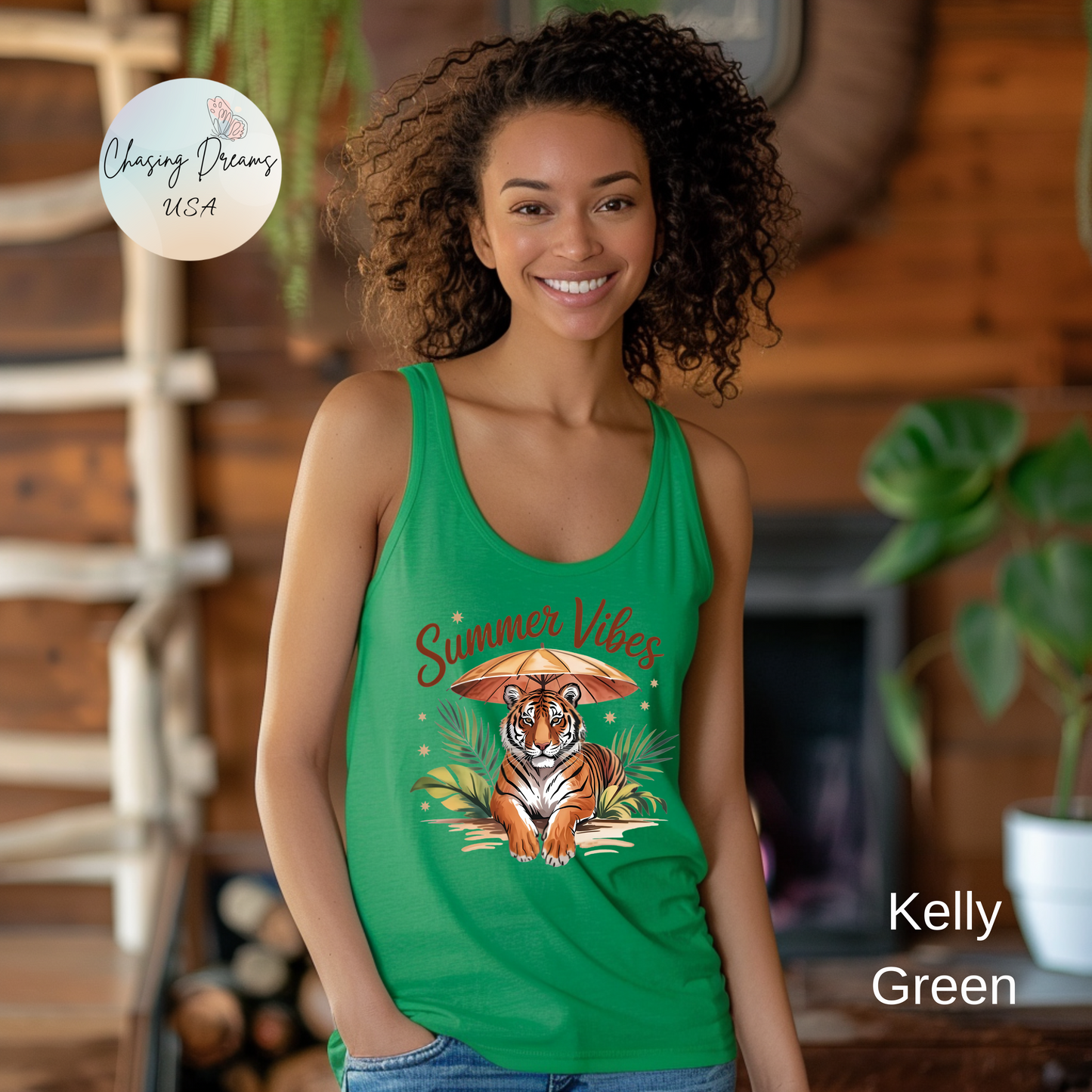 Camiseta de tirantes Summer Vibes Tiger con espalda nadadora – Diseño de palmeras de la selva con paraguas | 15 opciones de color