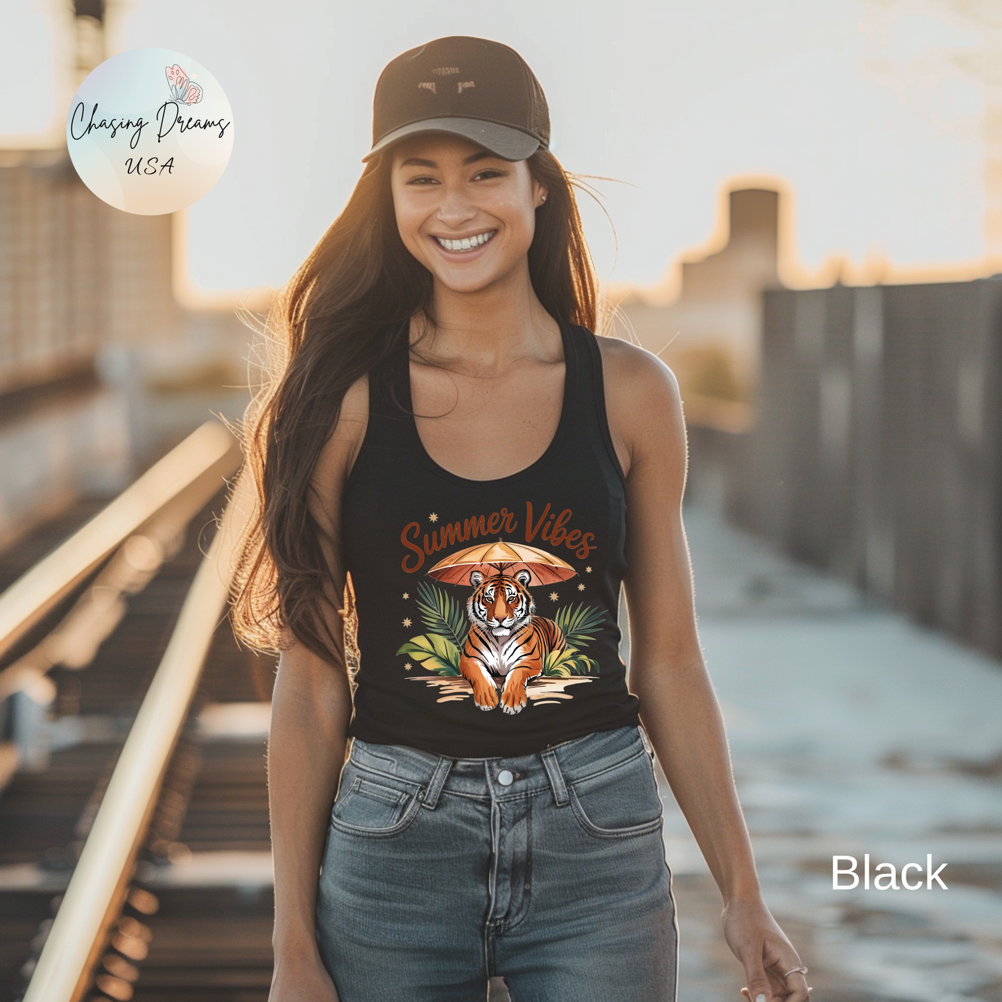 Camiseta de tirantes Summer Vibes Tiger con espalda nadadora – Diseño de palmeras de la selva con paraguas | 15 opciones de color